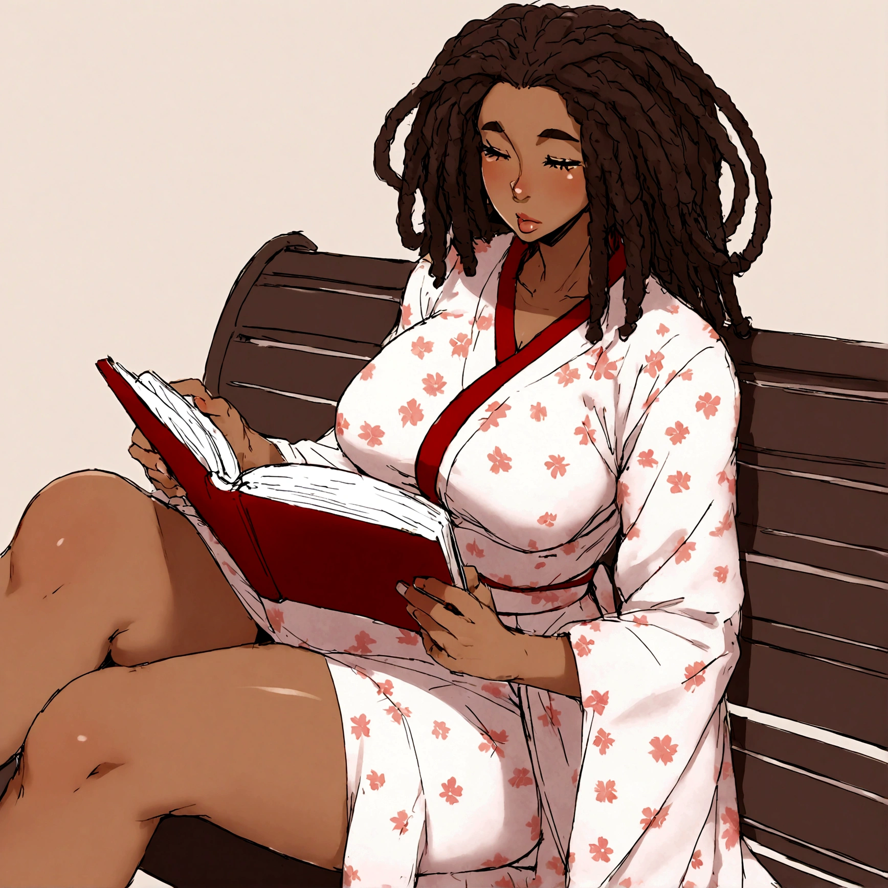 a sexy, curvy ebony skinned milf with long red dreadlocks in a flowing sakura dress on a bench reading a book, big monkey lips