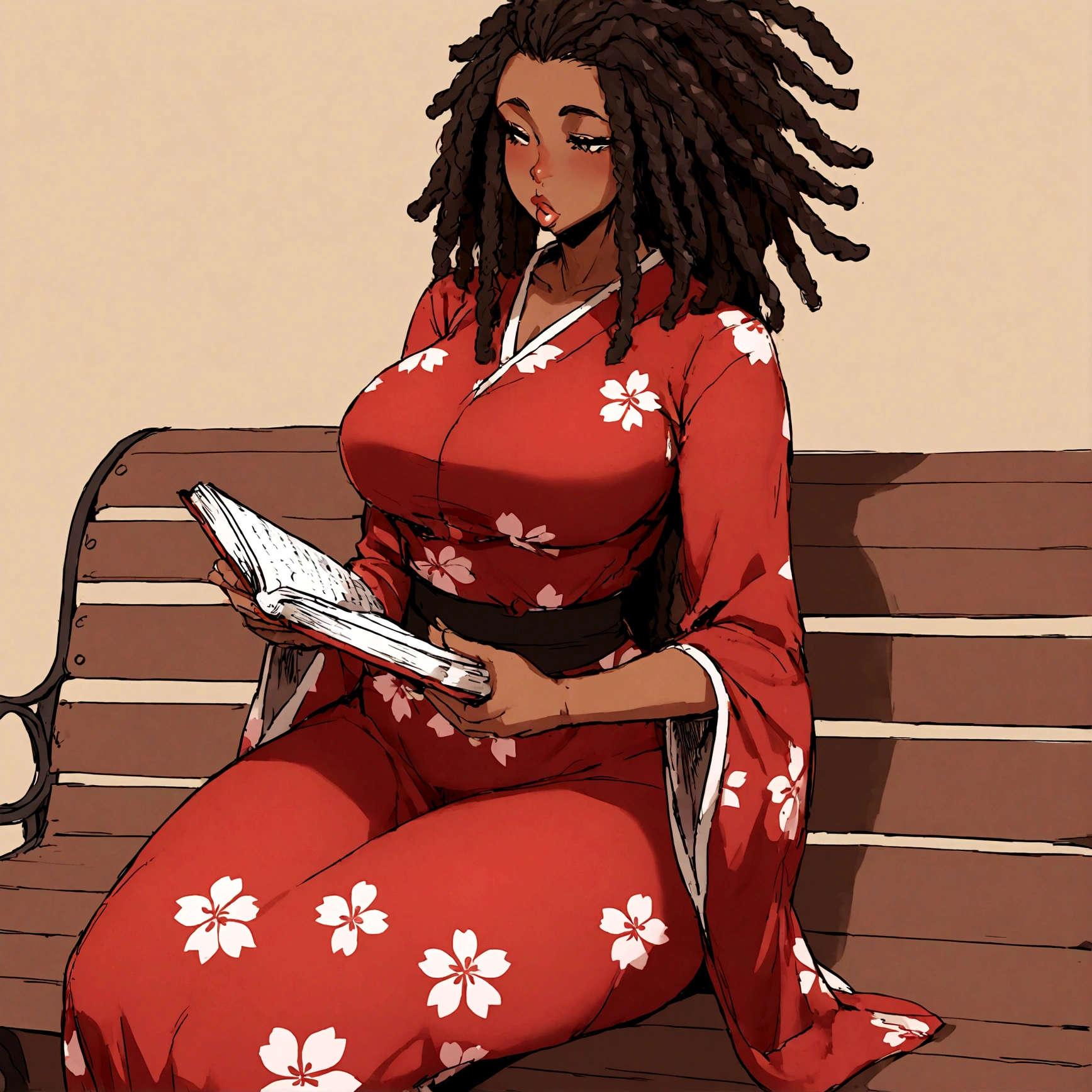 a sexy, curvy ebony skinned milf with long red dreadlocks in a flowing sakura dress on a bench reading a book, big monkey lips