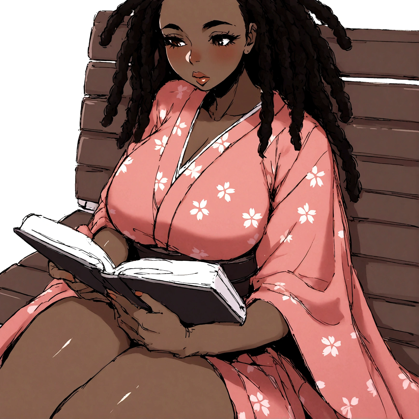 a sexy, curvy ebony skinned milf with long red dreadlocks in a flowing sakura dress on a bench reading a book, big monkey lips