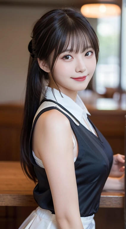 (highest quality,masterpiece:1.3,ultra high resolution,),(Super detailed,caustics),(Photoreal:1.4,RAW shooting,)ultra-realistic capture,very detailed,High resolution 16K human skin close-up。 natural skin texture、,The pores are、、、Must be detailed enough to be easily identified。 Skin should look even-toned and healthy。 Use natural light and color,restaurant,Waitress Uniform,1 girl,Japanese,18-year-old,cute,black haired,ponytail,big breasts,smile,turn your body forward,(Front view:1.1),look at the camera,cowboy shot,