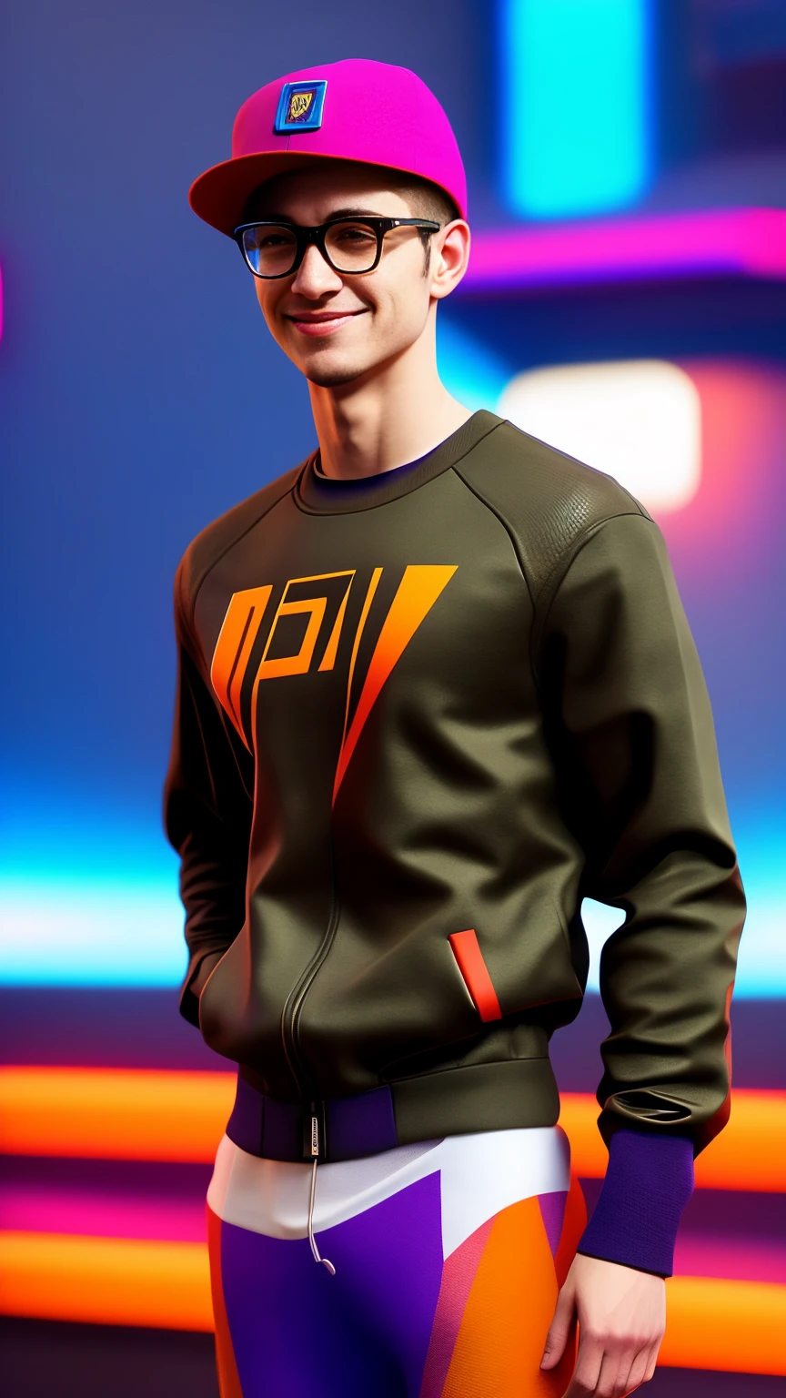 general shot, full body, (High resolution: 1.2), ultra detailed, realistic, Sharp focus, colorful, 4k, 8k, HD. masterpiece, hyper realistic, hyper detailed, ung beautiful man, cheerful, beautiful smile, giggle, With red hat, camouflage, sweatshirt, leggings, modern hair cut, Brown hair, mask, nasolabial, standing, MEDIUM, Navy, ( reality: 1.5), cyberpunk, neon city, neon, 3D, cgi, volumetric ray, white sclera, honey eyes, (colors, cyan magenta, violet, orange: 1.4).