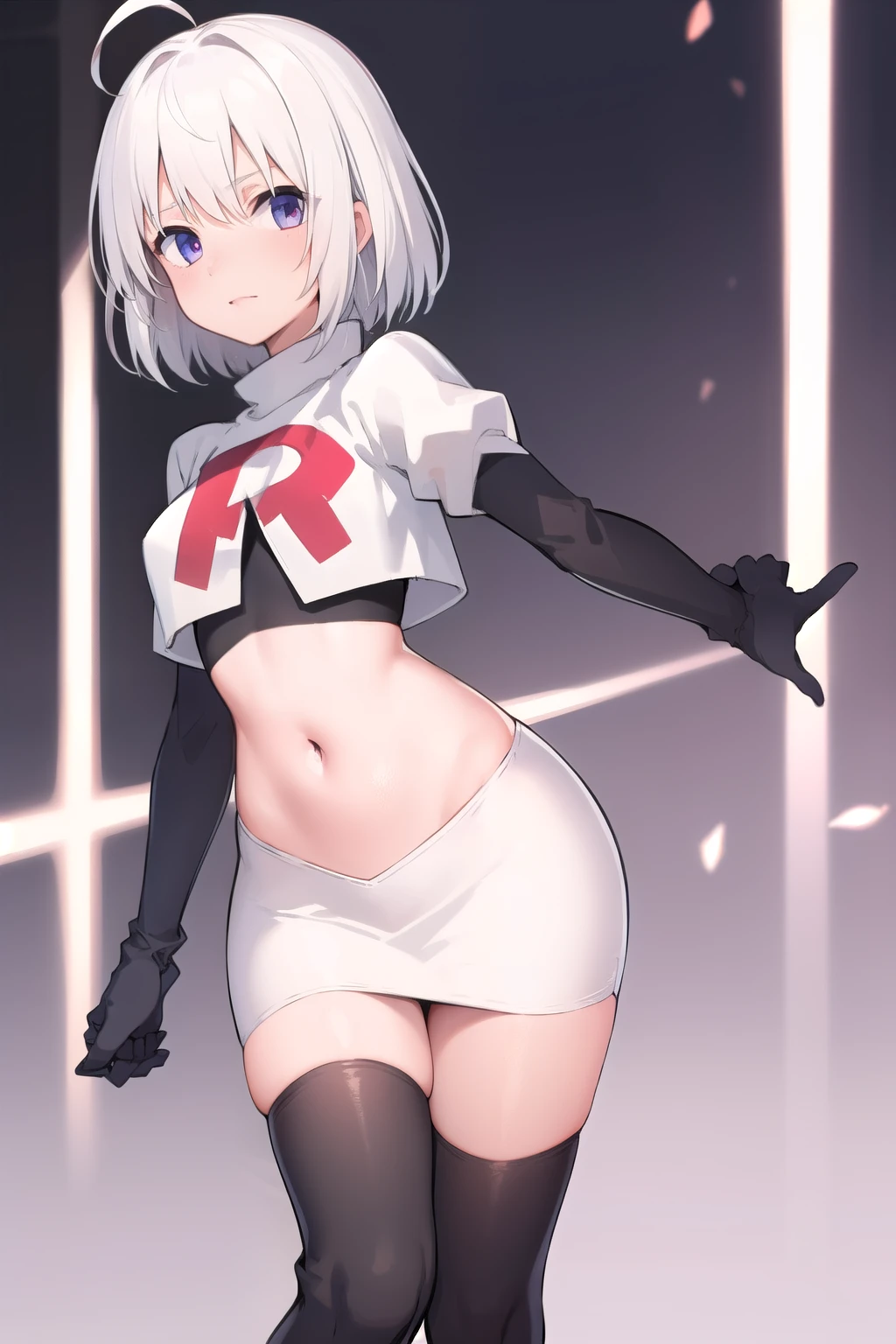 masterpiece, best quality, 1 girl  white hair, ahoge, team rocket,team rocket uniform,white skirt,red letter R,crop top,black thigh-highs,black elbow gloves