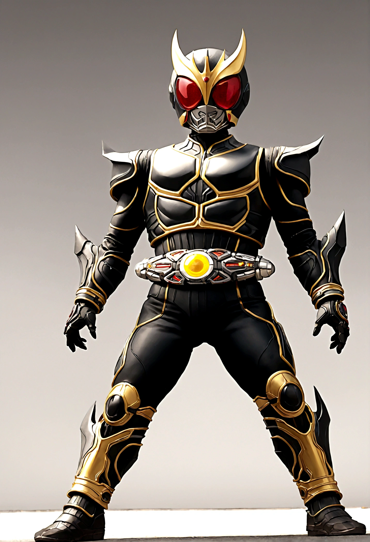 a futuristic armored cyborg, highly detailed, intricate armor design, hybrid of kamen rider kuuga and kamen rider zero-one, white background, dynamic pose, cinematic lighting, photorealistic, 8k, detailed mechanical parts, intricate machinery, advanced technology, sleek and angular armor, glowing energy effects, dynamic lighting, dramatic shadows, moody atmosphere