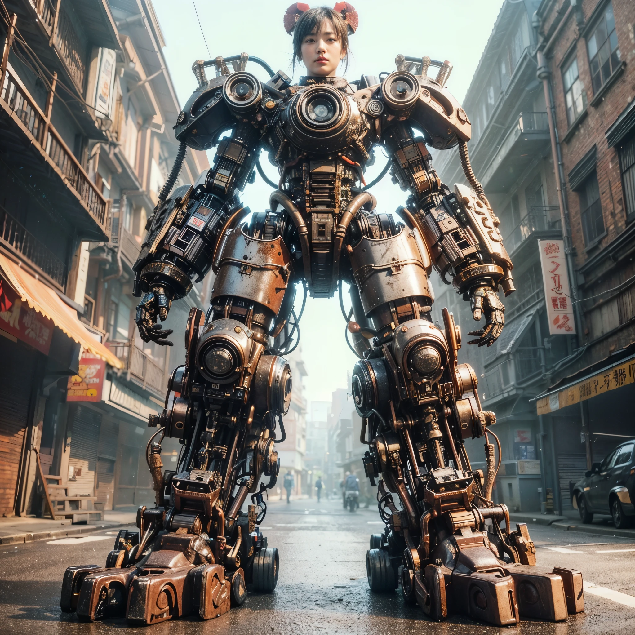 ultra high res,8k,(Photorealsitic:1.4), (Lobster-like mechanical suit:1.2), designed by Hajime Katoki,heavy weapons,vivid textures,animal legs, gradation hair, japanese female soldier,(ultra beautiful face),((super realistic all textures)), ((super intricate all details)), full body shot, ultra sharp photo result, Acrylic Clear Cover, Hydraulic cylinder, style, taken with Fuji film X-T30+Nokton. HDR10,Minimum of 4 pieces created