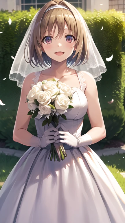 masterpiece, best quality, highres, aakikyo, short hair, hair intakes, white hairband, wedding dress, white dress, white gloves, bridal veil, holding bouquet, garden, confetti, smile, flower, cowboy shot