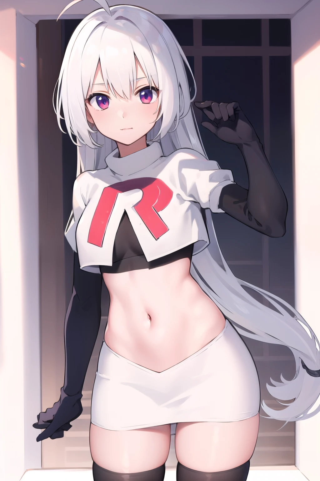 masterpiece, best quality, 1 girl  white hair, ahoge, team rocket,team rocket uniform,white skirt,red letter R,crop top,black thigh-highs,black elbow gloves