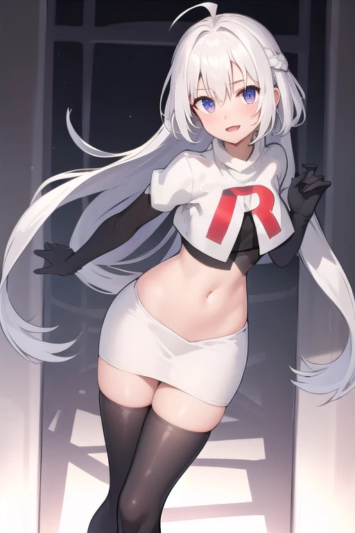 masterpiece, best quality, 1 girl  white hair, ahoge, team rocket,team rocket uniform,white skirt,red letter R,crop top,black thigh-highs,black elbow gloves