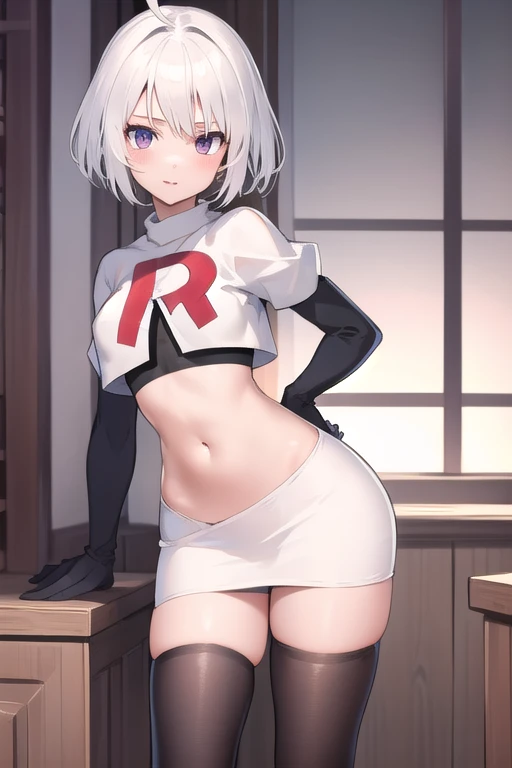 masterpiece, best quality, 1 girl  white hair, ahoge, team rocket,team rocket uniform,white skirt,red letter R,crop top,black thigh-highs,black elbow gloves