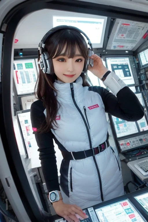 masterpiece, highest quality, Very detailed, 8K Portrait,Japanese Android Girl,plump , Control panel,Robotic arms and legs, Blunt bangs,,break (Metallic Gray, Metallic luster, Mirror finish, Astro Best):5,headphone:5,break (Black sleeves):100,Smart Watches,Futuristic space station,Control Room,break headphone,blue eyes,(Black Hair):2,(Long Hair):1.3,Displaying the viewer,(respirator),break blush:3,Hidden Hand,smile