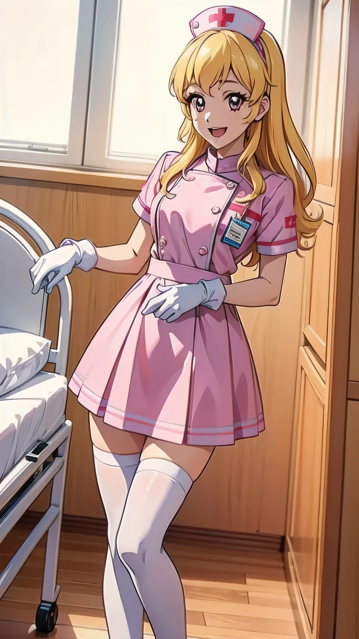 aikatsu,Blonde_HAIR,RED_HAIR_bandmasterpiece,best quality,ultra-detailed,super detailed skin,an extremely delicate and beautiful,beautiful detailed eyes,in1, side ponytail, long hair, solo, nurse, ((white nurse cap, white nurse's outfit)), ((white legwear, zettai ryouiki)), white gloves, smile, open mouth, standing, hospital room, sharp outline, short sleeves, best quality, masterpiece