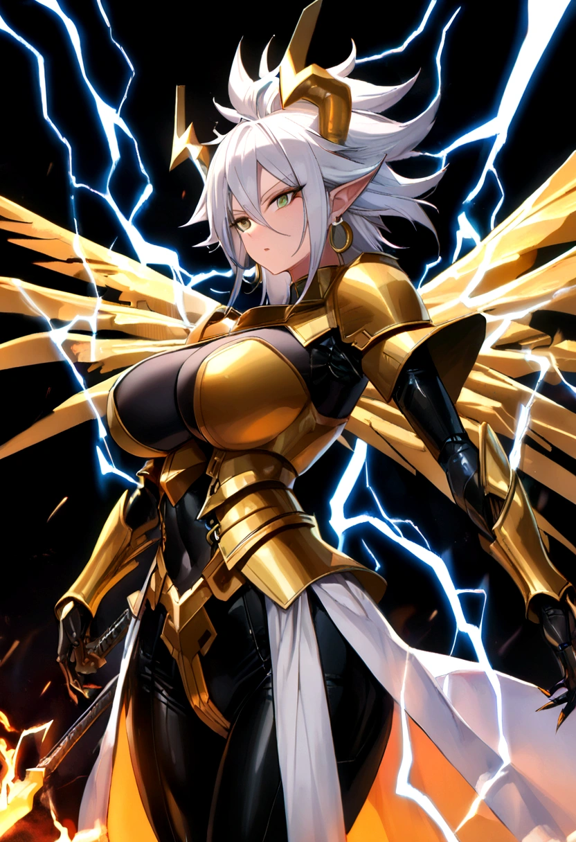 ((Black Lightning Power)), ((Electricity)), ((Black Fire Background)), ((android 21)), (((white Coat))), (((Busty))), (((((Big breast:1,3)))), luxury bustier corset, ((silver hair)), (((Very slim waist))), propotional body, ((Gorgeous)), ((Fire gold wings)), masterpiece, hyperdetail, ambient effect, digital effect, (((Black FIRE SWORD)), (((Black Lightning Sword))), (((Black Fire Gold Armor))), ((Black Lightning Gold Wings)), ((Fire Demon Horns))