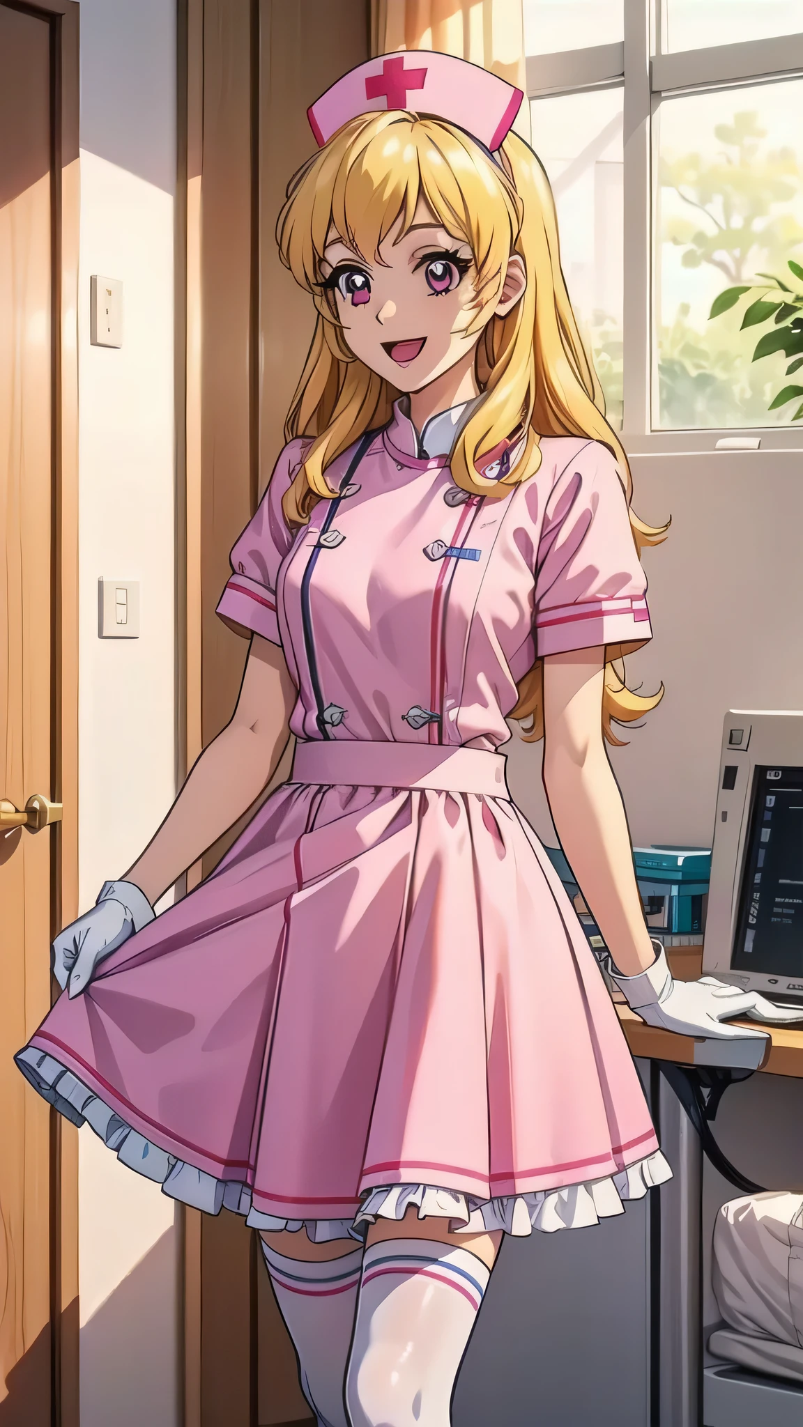 aikatsu,Blonde_HAIR,RED_HAIR_bandmasterpiece,best quality,ultra-detailed,super detailed skin,an extremely delicate and beautiful,beautiful detailed eyes,in1, side ponytail, long hair, solo, nurse, ((white nurse cap, white nurse's outfit)), ((white legwear, zettai ryouiki)), white gloves, smile, open mouth, standing, hospital room, sharp outline, short sleeves, best quality, masterpiece
