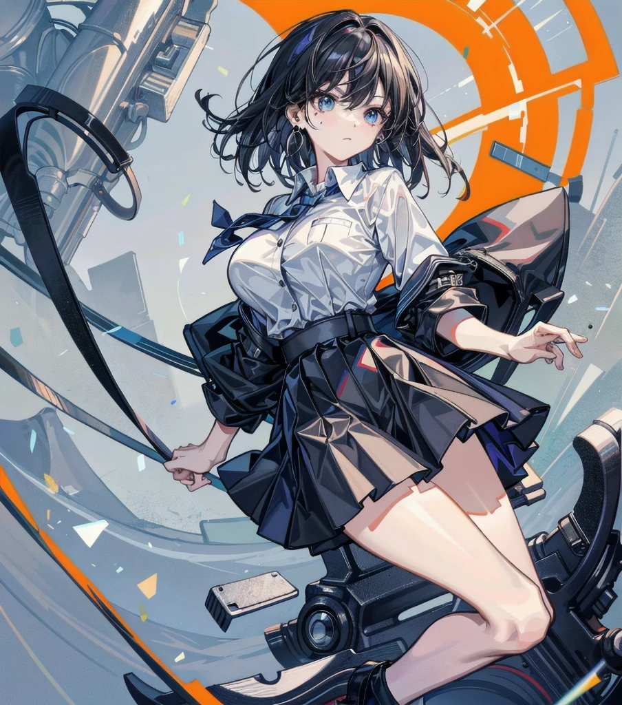 whole body shot, perfect anatomy, correct body, ideal ratio of body proportions, solo, alone, tearful mole, earring, medium hair, black hair, big tits, legs, school-uniform, collared shirt,