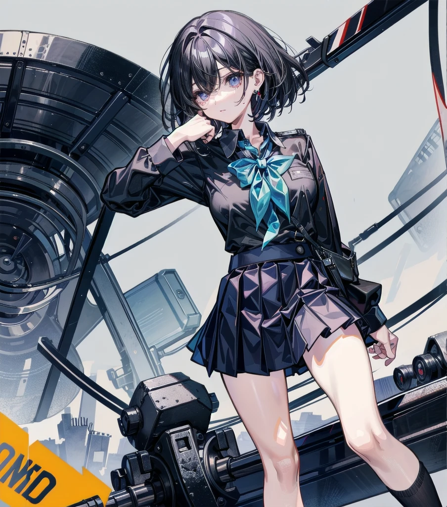 whole body shot, perfect anatomy, correct body, ideal ratio of body proportions, solo, alone, tearful mole, earring, medium hair, black hair, big tits, legs, school-uniform, collared shirt,