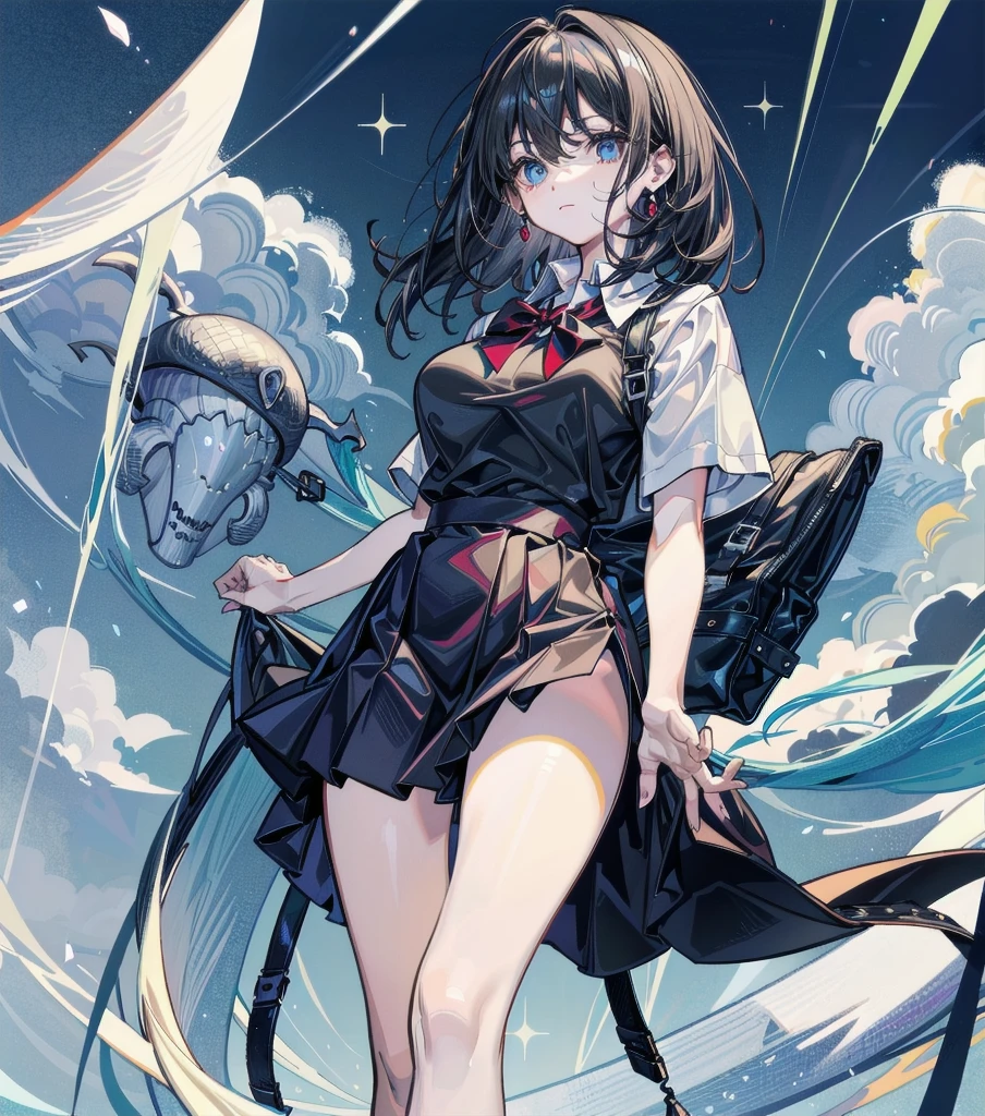 whole body shot, perfect anatomy, correct body, ideal ratio of body proportions, solo, alone, tearful mole, earring, medium hair, black hair, big tits, legs, school-uniform, collared shirt,