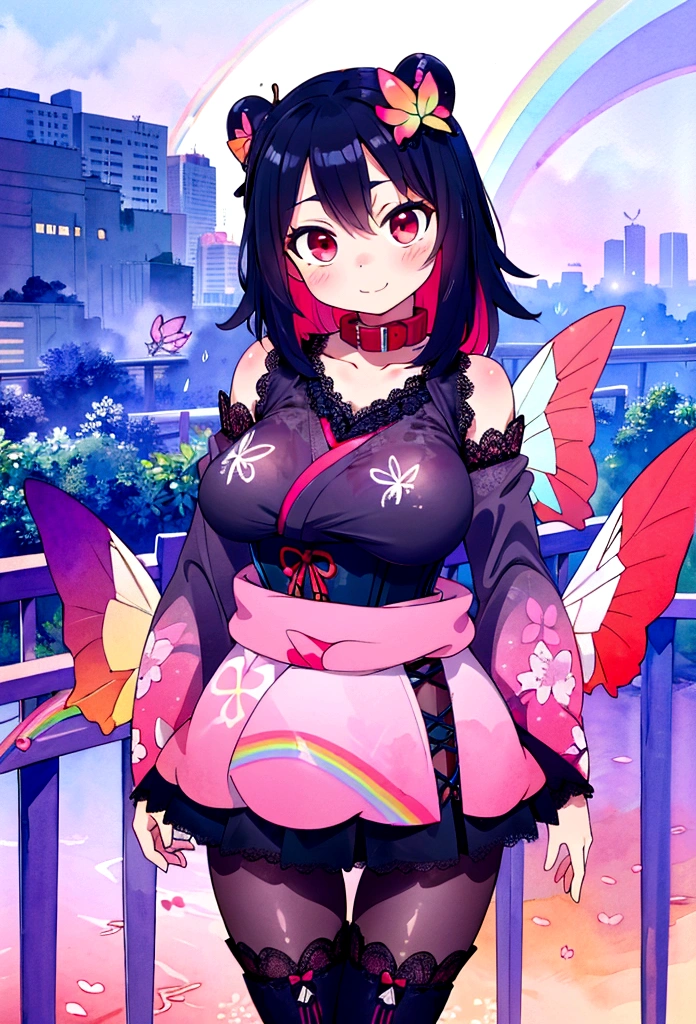 (8k, RAW photo, best quality, masterpiece, highres, absurdres, ultra detailed:1.3), (Photography, realistic, photo-realistic:1.4), (beautiful natural lighting, beautiful deatailed shadow, beautiful detailed glow :1.4), atmospheric,
BREAK 1 beautiful girl, (Beauty:1.5),(Chibi:0.5),(kawaii:2.0),(Cool:2.0),(( girl),(Solo:1.65),BREAK, (huge-breasted:1.lear skin, Beautiful skin, Shy, 1 beautiful woman,Demons,Colossal tits(Hair Bow, Reir, Long hair, flipped hair, hair meWings of an angel on the back, Demon King's horn on the head:1.2), (Red Eyes, long eyelashes, Double eyelids: 1.2), Shiny skin,de pele branca,dial,(evil smile, blush :1.45),
BREAK //Character
(Based on the Gothic Lolita concept of (showinittle skin:1.6) as possible.:1.4),
(The black kimono is basically a kimono sewn from black fabric:1.7), and is styled in Gothic Lolita fashion.,
(The pattern ioidered with butterflies and flowers in black thre.3),
(A lot of black lace is used on the collar and sleeves:1.7), making it very luxurious and cute.,
The lining is made of red fabric, creating a wonderful contrast between red and black.,
BREAK
(Instead of a obi, a corset is wrapped around it:1.7), and (the strings are red:1.7), making it a fashion highlight.,
BREAK
(The skirt part is (black lace skirt:1.5) with butterfly and floral prints, which enhancts cuteness.:1.6),
Add a touch of Gothic Lolita to your look with (knee boots.:1.3),
BThe white skin and dark eyeshadow make-up typical of Gothic Lolita creates a dark overall look. Wear a black hes or ribbon to enhance your cuteness.,
BREAK
(after rain,watercolor rainbow, slope, running, road, guardrail, cliff overlooking city view: 1.6),
BREAK wakame,wakame,wakame,(cowboy shot, from front:1.4), BREAK manga style,manga illustration, watercolor,