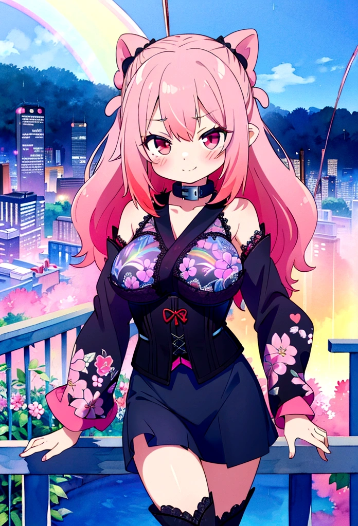 (8k, RAW photo, best quality, masterpiece, highres, absurdres, ultra detailed:1.3), (Photography, realistic, photo-realistic:1.4), (beautiful natural lighting, beautiful deatailed shadow, beautiful detailed glow :1.4), atmospheric,
BREAK 1 beautiful girl, (Beauty:1.5),(Chibi:0.5),(kawaii:2.0),(Cool:2.0),((17 year old girl),(Solo:1.65),BREAK, (huge-breasted:1.2,), Clear skin, Beautiful skin, Shy, 1 beautiful woman,Demons,Colossal tits(Hair Bow, Red hair, Long hair, flipped hair, hair messy,Wings of an angel on the back, Demon King's horn on the head:1.2), (Red Eyes, long eyelashes, Double eyelids: 1.2), Shiny skin,de pele branca,dial,(evil smile, blush :1.45),
BREAK //Character
(Based on the Gothic Lolita concept of (showing as little skin:1.6) as possible.:1.4),
(The black kimono is basically a kimono sewn from black fabric:1.7), and is styled in Gothic Lolita fashion.,
(The pattern is embroidered with butterflies and flowers in black thread.1.3),
(A lot of black lace is used on the collar and sleeves:1.7), making it very luxurious and cute.,
The lining is made of red fabric, creating a wonderful contrast between red and black.,
BREAK
(Instead of a obi, a corset is wrapped around it:1.7), and (the strings are red:1.7), making it a fashion highlight.,
BREAK
(The skirt part is (black lace skirt:1.5) with butterfly and floral prints, which enhances its cuteness.:1.6),
Add a touch of Gothic Lolita to your look with (knee boots.:1.3),
BREAK
The white skin and dark eyeshadow make-up typical of Gothic Lolita creates a dark overall look. Wear a black headdress or ribbon to enhance your cuteness.,
BREAK
(after rain,watercolor rainbow, slope, running, road, guardrail, cliff overlooking city view: 1.6),
BREAK wakame,wakame,wakame,(cowboy shot, from front:1.4), BREAK manga style,manga illustration, watercolor,