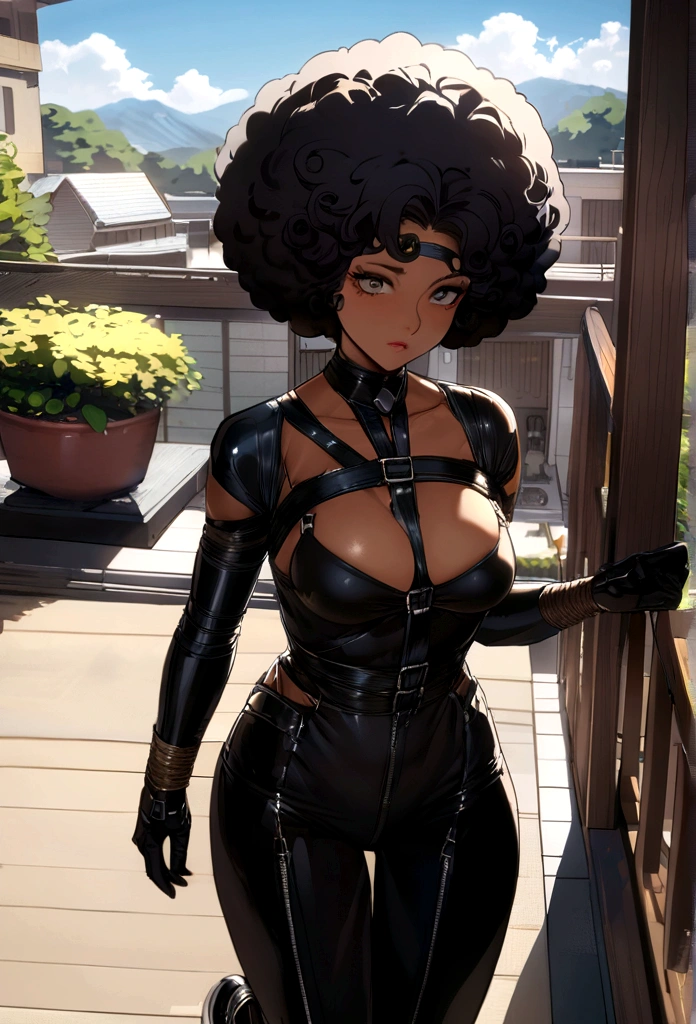 bondage mixed race woman with curly afro and strong visible chest walking on the edge of a terrace