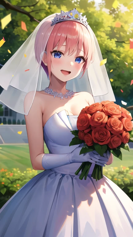 masterpiece, best quality, highres, aaichika, short hair, tiara, bridal veil, necklace, cleavage, wedding dress, strapless dress, white dress, white gloves, elbow gloves, garden, smile, open mouth, tears, upper body, confetti, holding bouquet, bouquet,