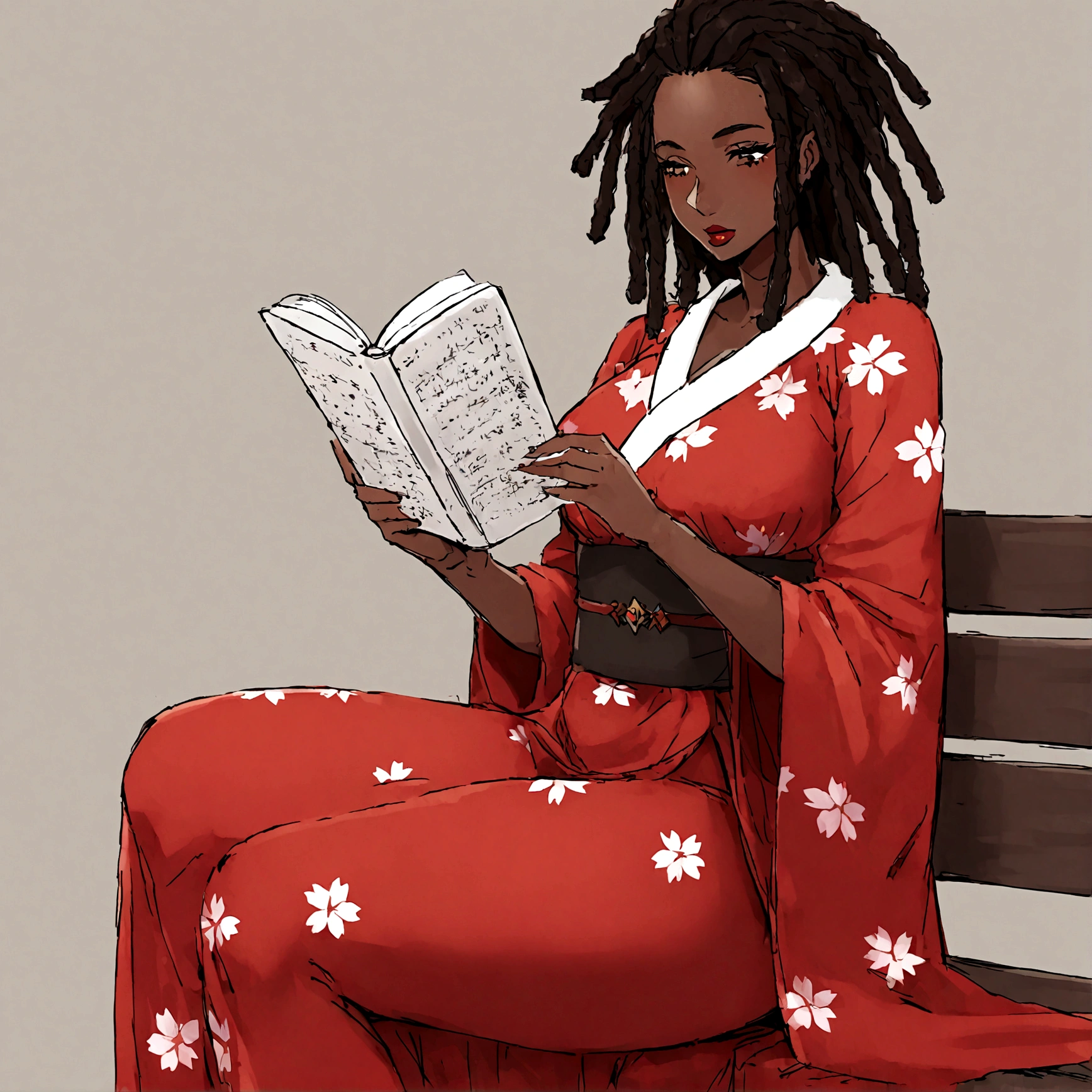 a sexy, curvy ebony skinned milf with long red dreadlocks in a flowing sakura dress on a bench reading a book,