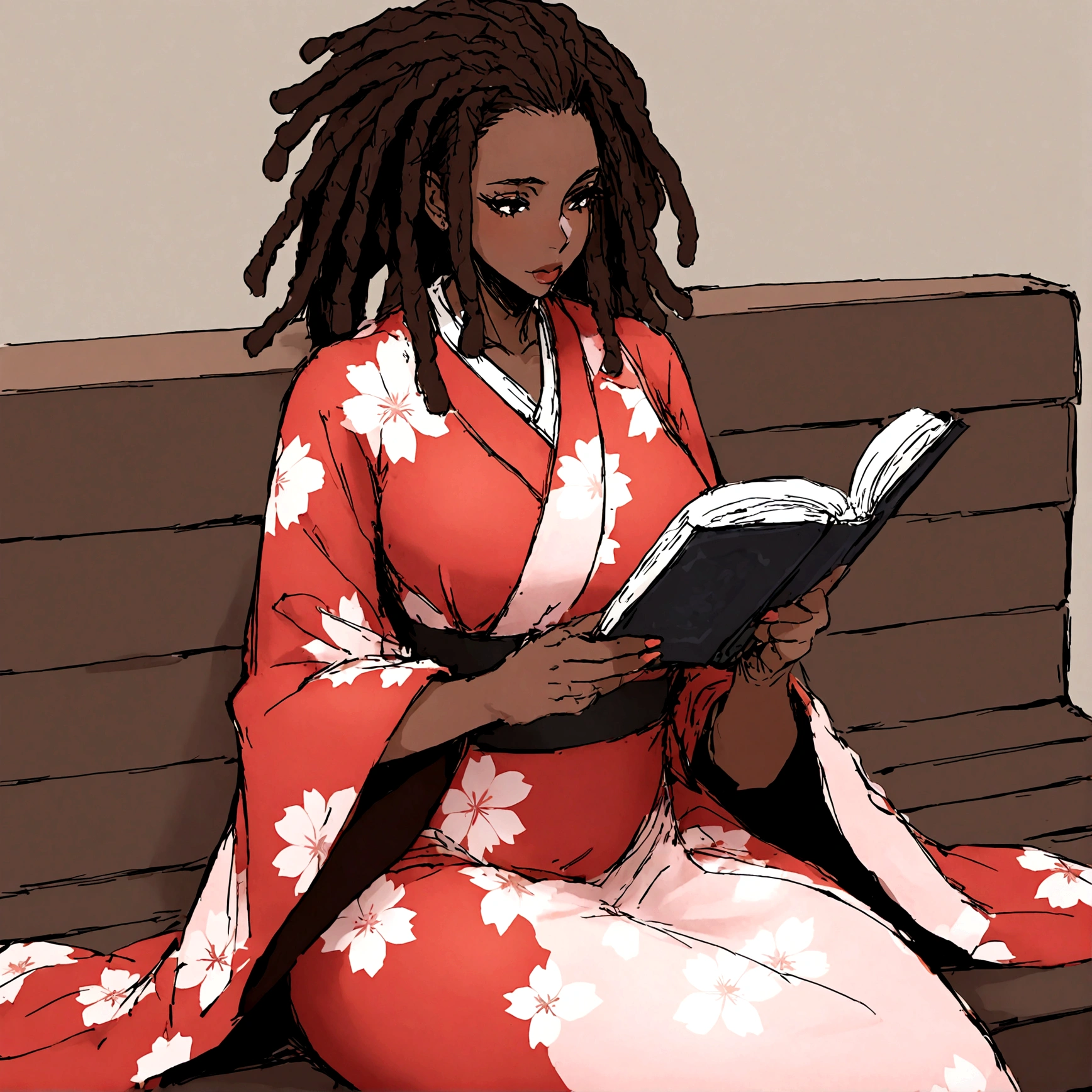 a sexy, curvy ebony skinned milf with long red dreadlocks in a flowing sakura dress on a bench reading a book,