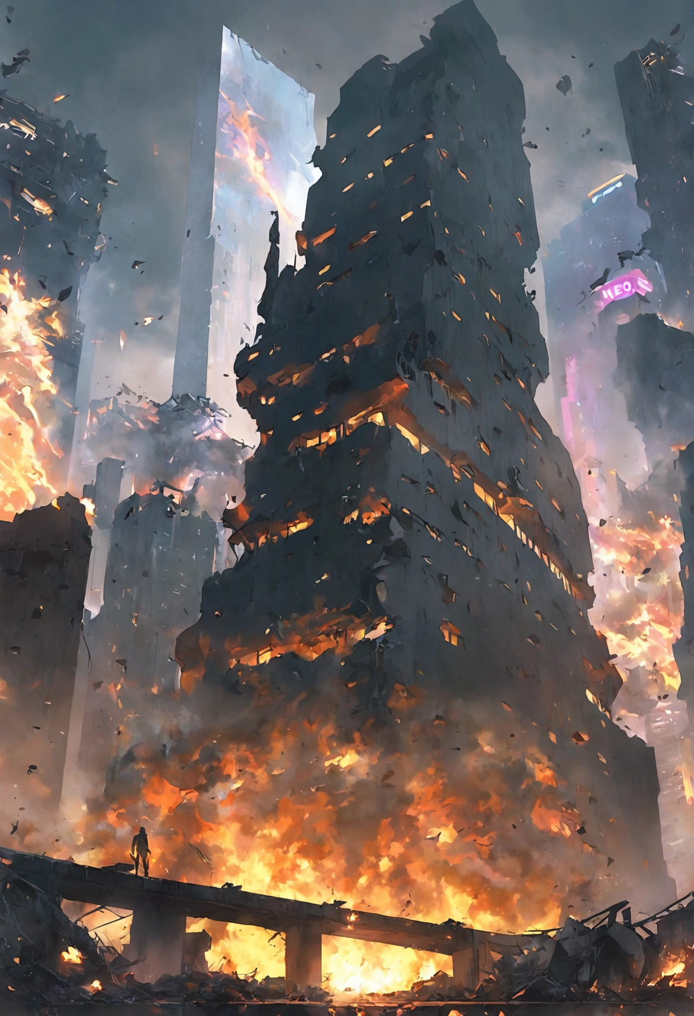 Metropolitan city, cyberpunk, neo lights, destruction, destroyed, fire, (masterpiece),(best quality),from below, bystander, 8k,best quality, good quality, beautiful light