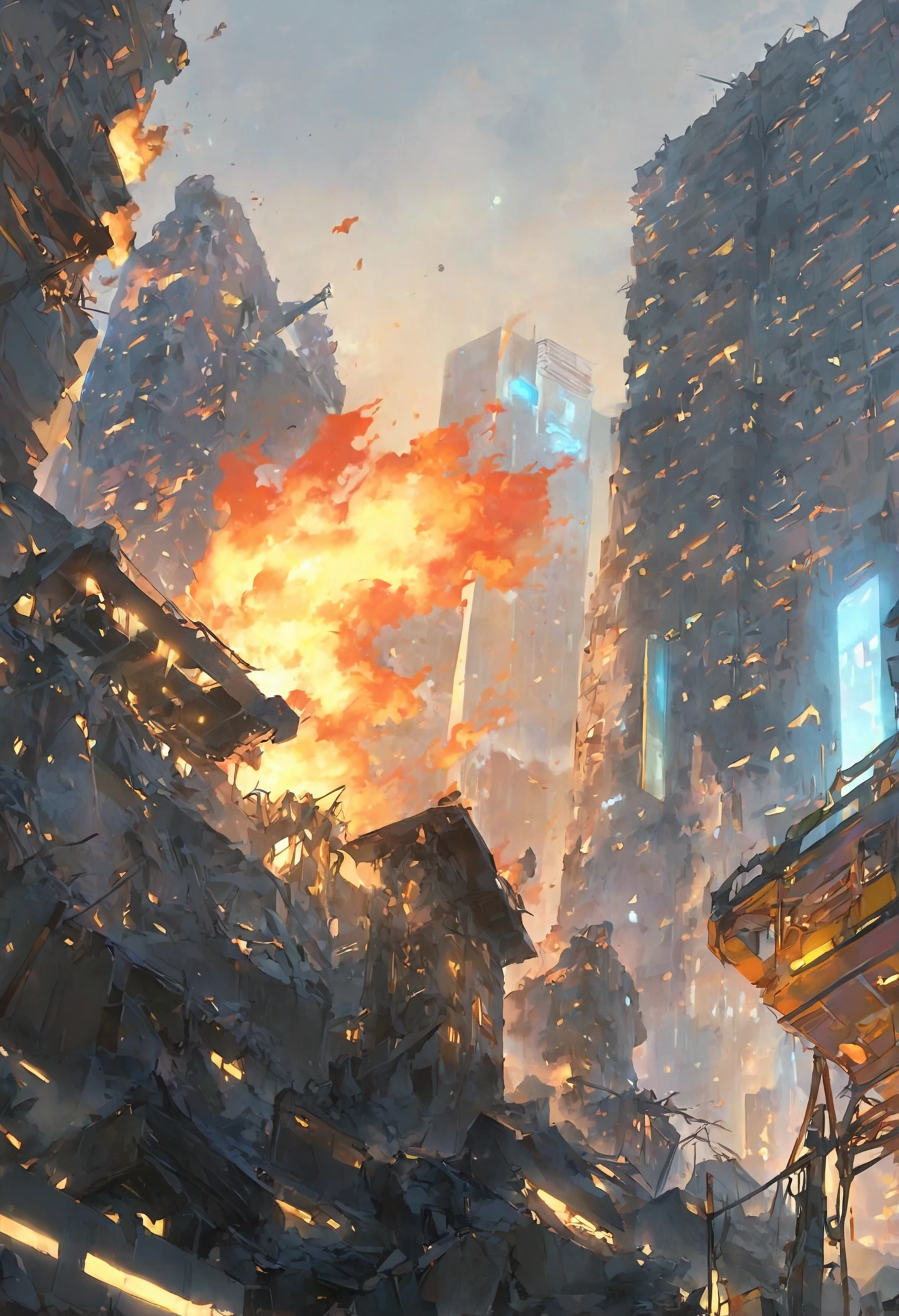 Metropolitan city, cyberpunk, neo lights, destruction, destroyed, fire, (masterpiece),(best quality),from below, bystander, 8k,best quality, good quality, beautiful light