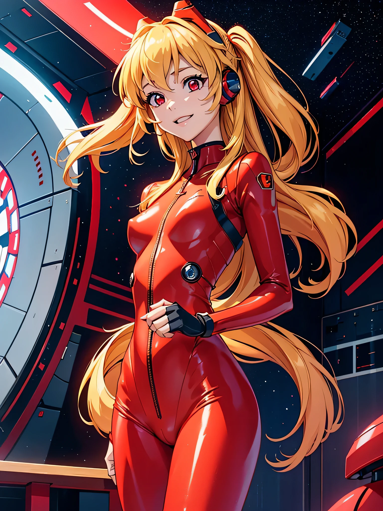 (Overlooking figure),dynamic angle,super detailed, figure, close, straight, 1 girl, 
 ((Soryu Asuka Langley, interface headset, red bodysuit:1.4, blonde)),Her eyes shone like dream-like stars,(shining eyes:1.233),(beautiful and detailed eyes:1.1),(No expression),(Are standing), the last spell（prompt）
(masterpiece, highest quality, ultra high resolution, perfect anatomy, very detailed),
break,
1 girl,
14 years old,
red eyes,
twin tails,
black hair,
big ribbon in hair,
idol costume,
break,
(pointing),
(full face),
closed one eye,
(open your mouth),
glow eyes,
smile,
stage light,
(Maintenance room with tools and spaceship windows inside a white spaceship),
(night:1.2),dream-like, [[delicate fingers and hands:0.55]::0.85],(finger details),