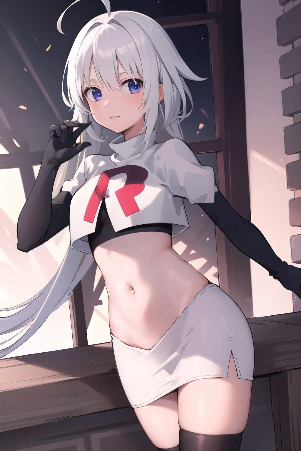 masterpiece, best quality, 1 girl  white hair, ahoge, team rocket,team rocket uniform,white skirt,red letter R,crop top,black thigh-highs,black elbow gloves