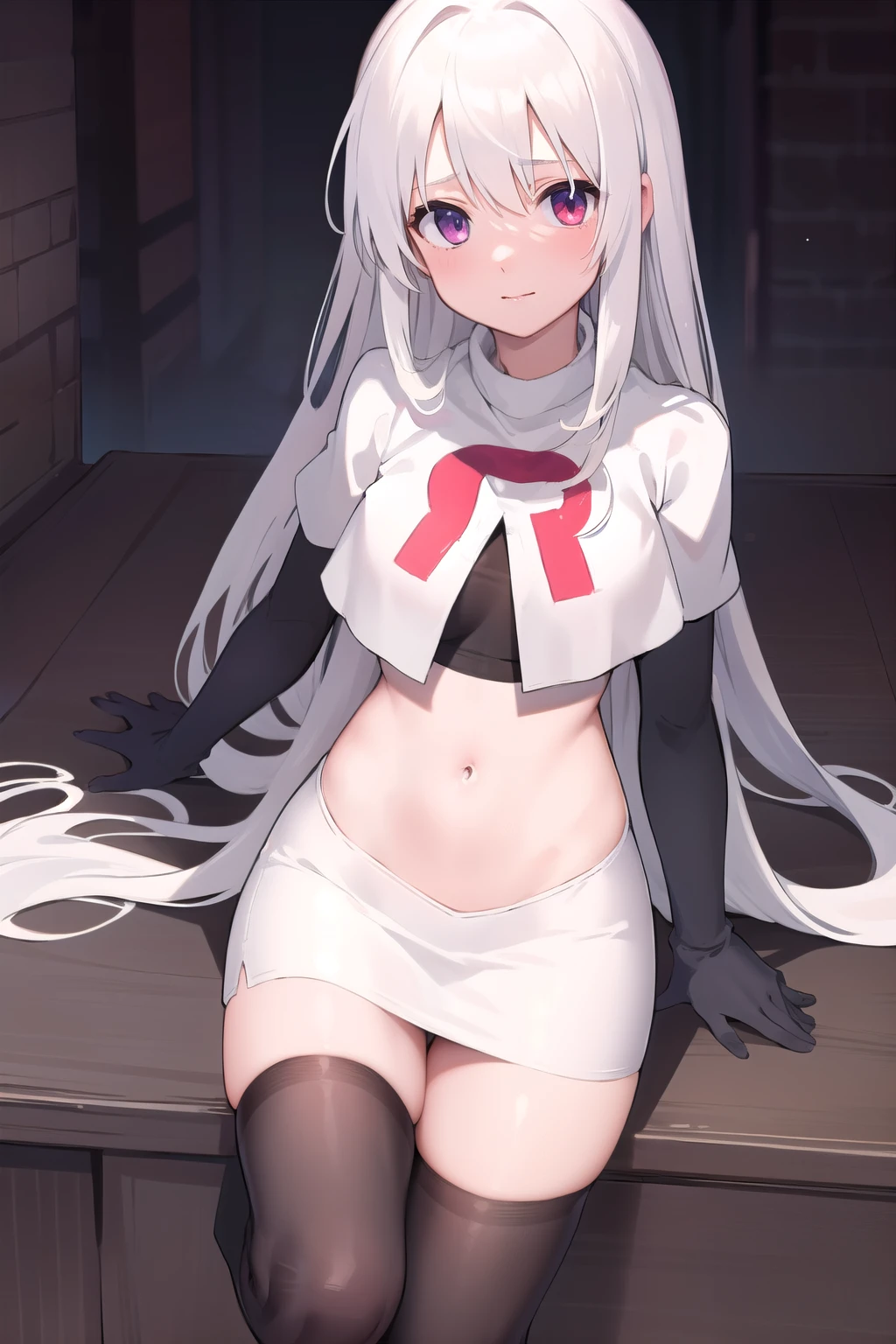 masterpiece, best quality, 1 girl  white hair, ahoge, team rocket,team rocket uniform,white skirt,red letter R,crop top,black thigh-highs,black elbow gloves