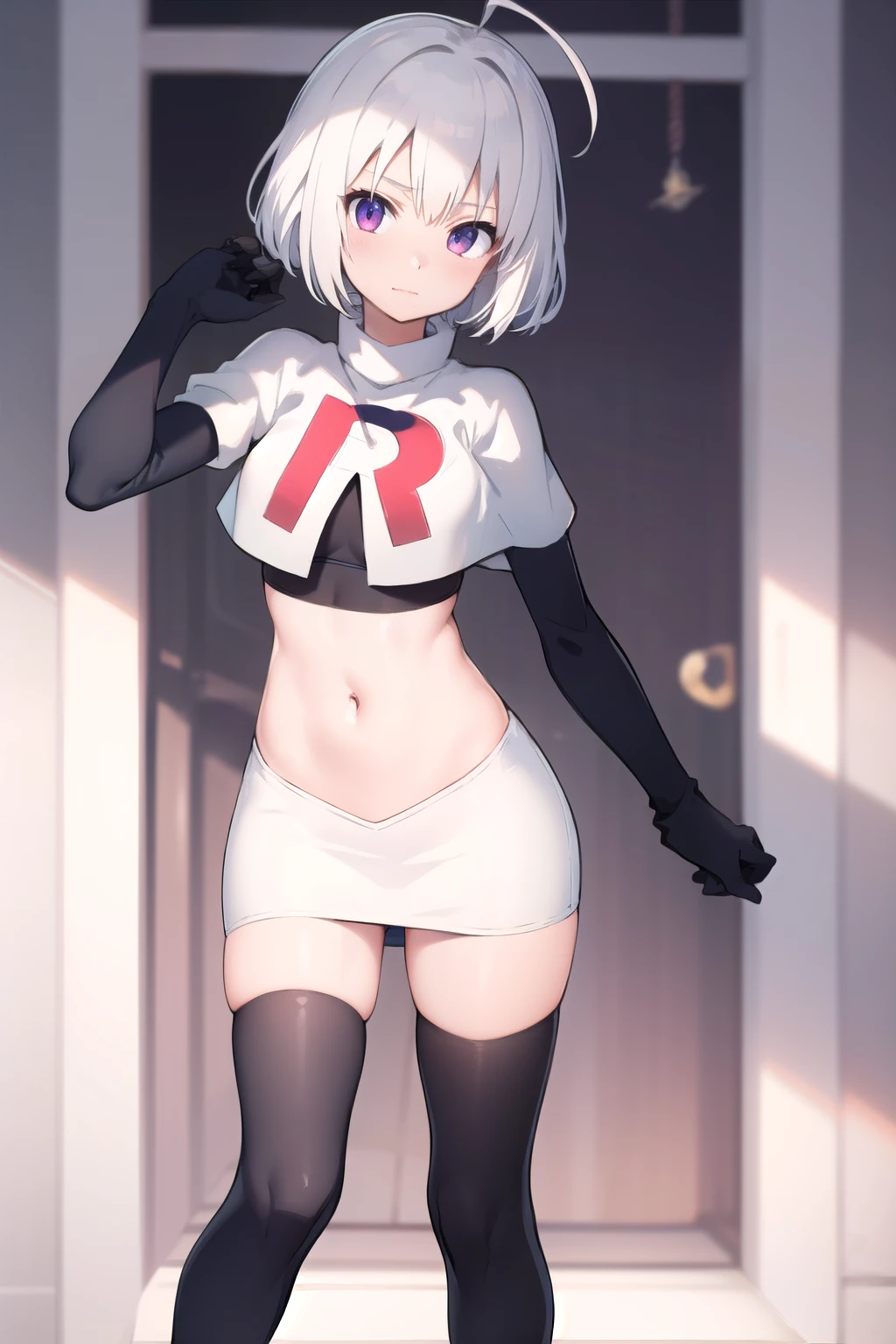 masterpiece, best quality, 1 girl  white hair, ahoge, team rocket,team rocket uniform,white skirt,red letter R,crop top,black thigh-highs,black elbow gloves