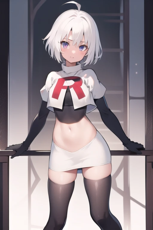 masterpiece, best quality, 1 girl white hair, ahoge, team rocket,team rocket uniform,white skirt,red letter R,crop top,black thigh-highs,black elbow gloves