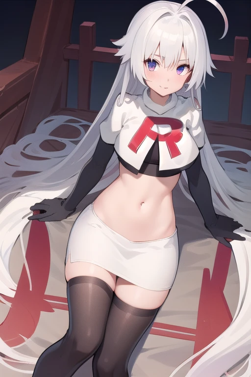 masterpiece, best quality, 1 girl  white hair, ahoge, team rocket,team rocket uniform,white skirt,red letter R,crop top,black thigh-highs,black elbow gloves