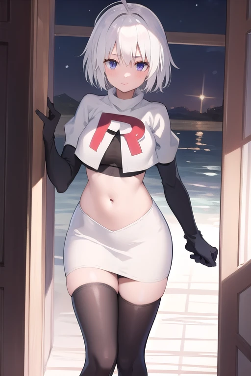 masterpiece, best quality, 1 girl  white hair, ahoge, team rocket,team rocket uniform,white skirt,red letter R,crop top,black thigh-highs,black elbow gloves