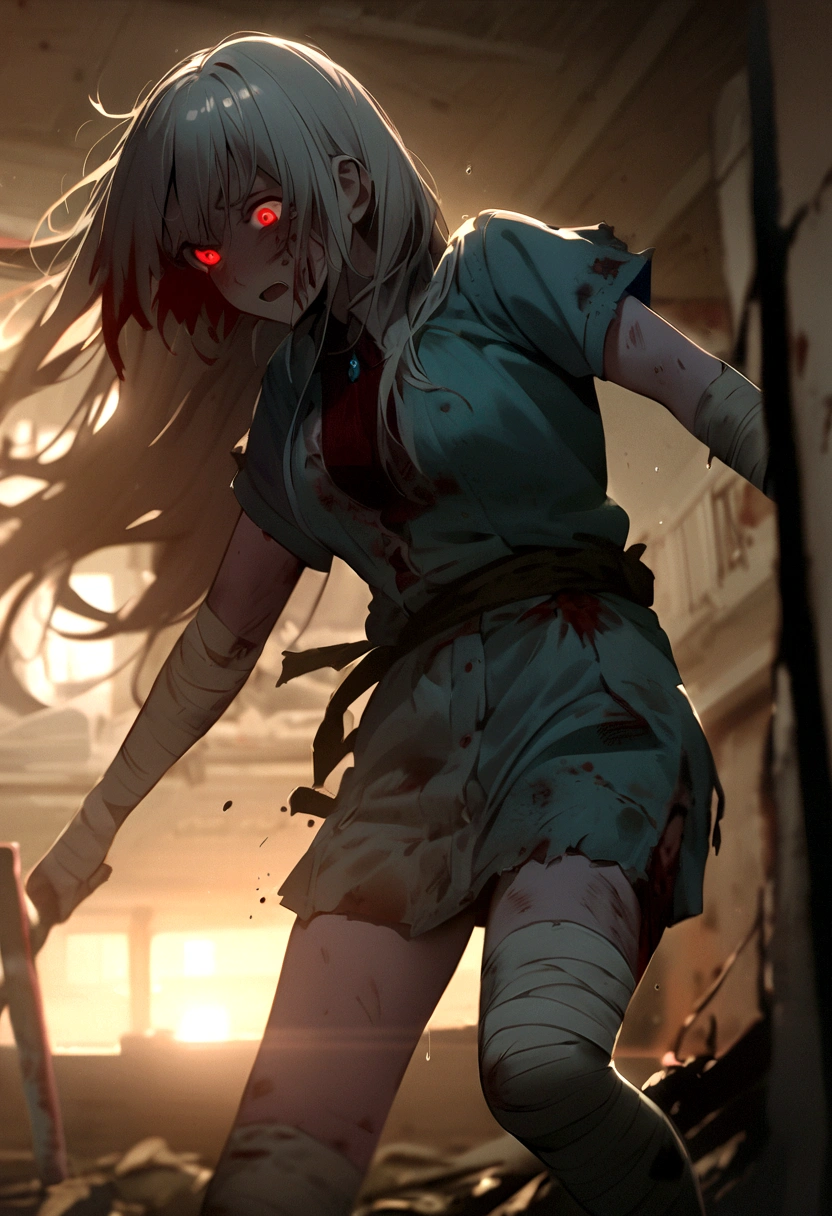 Hatsune Miku、Hatsune Miku、Blue skin and face、masterpiece, highest quality, highest detail, 1 girl, BREAK, horror, (Small injured girl, blood, bleeding, injury), Shining white hair, jewel-like red eyes, anime highlight eyes, scarred clothes, dirty clothes, bloodstained clothes, scarred skin, battle damage, bandaged arms, bandaged legs, (Yandere:1.2), BREAK, The background is a modern hospital, a collapsed hospital, BREAK, movie lighting, action movie poster, dynamic, beautiful girl action actor, motion blur, depth of field, 35mm, Sony FE, 1girl,