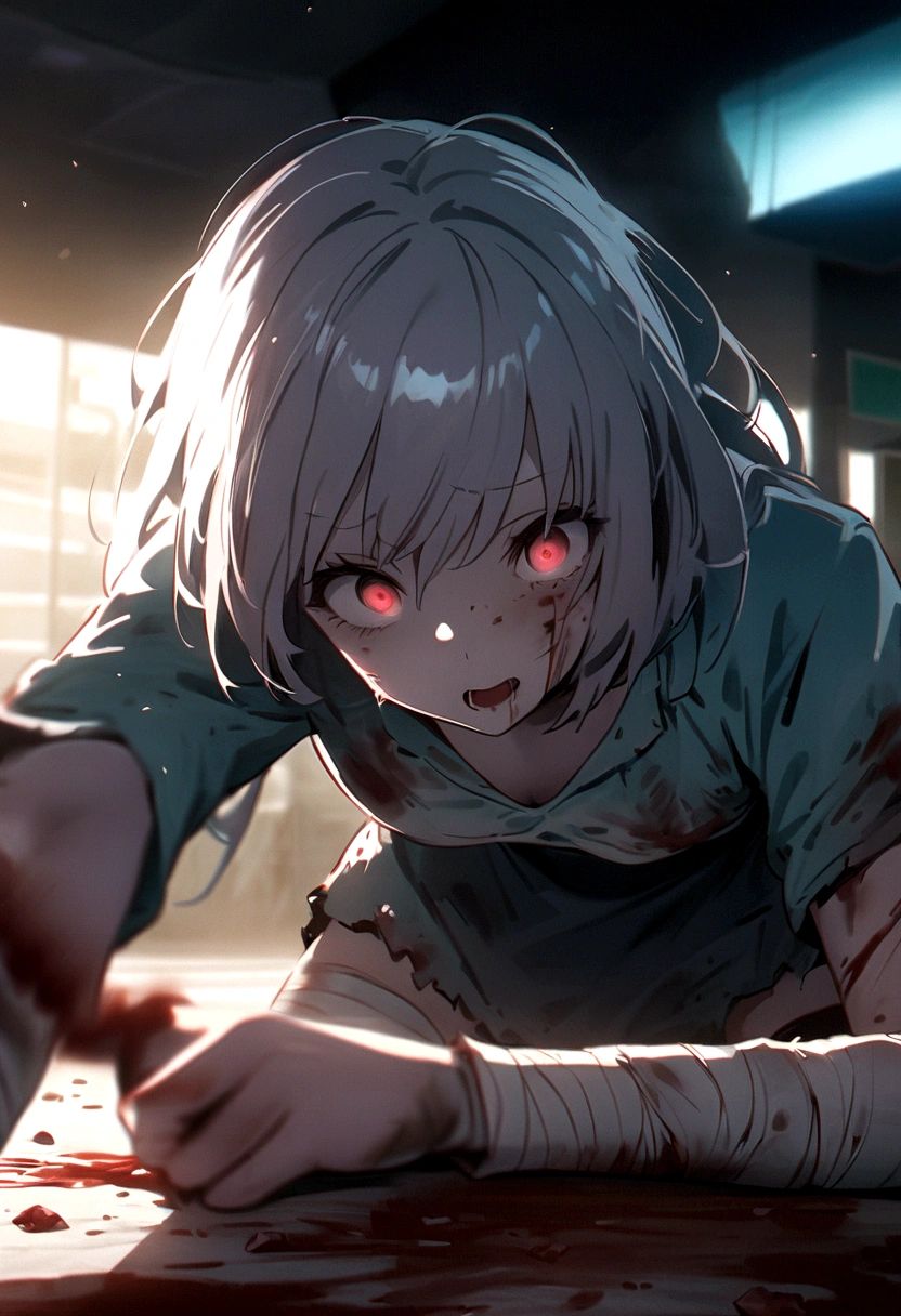Hatsune Miku、Hatsune Miku、Blue skin and face、masterpiece, highest quality, highest detail, 1 girl, BREAK, horror, (Small injured girl, blood, bleeding, injury), Shining white hair, jewel-like red eyes, anime highlight eyes, scarred clothes, dirty clothes, bloodstained clothes, scarred skin, battle damage, bandaged arms, bandaged legs, (Yandere:1.2), BREAK, The background is a modern hospital, a collapsed hospital, BREAK, movie lighting, action movie poster, dynamic, beautiful girl action actor, motion blur, depth of field, 35mm, Sony FE, 1girl,
