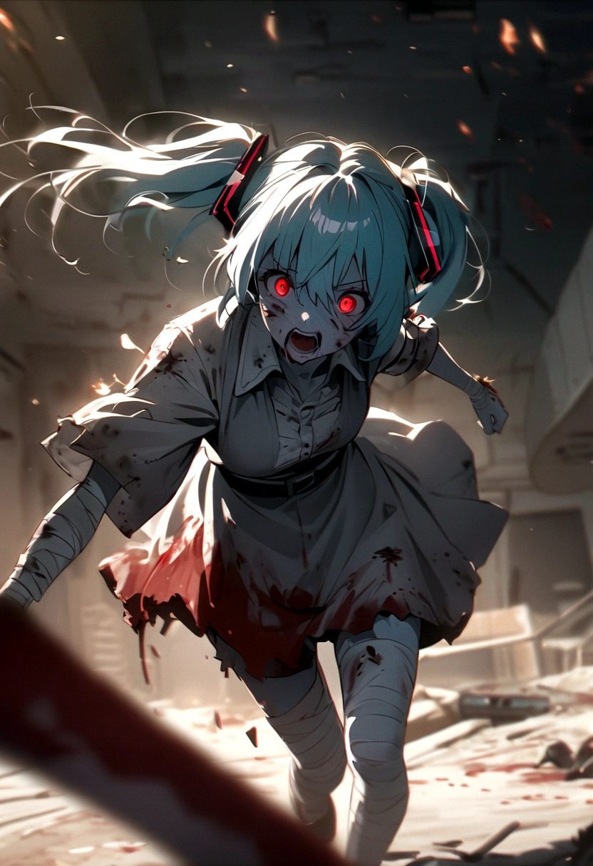 Hatsune Miku、Hatsune Miku、Blue skin and face、masterpiece, highest quality, highest detail, 1 girl, BREAK, horror, (Small injured girl, blood, bleeding, injury), Shining white hair, jewel-like red eyes, anime highlight eyes, scarred clothes, dirty clothes, bloodstained clothes, scarred skin, battle damage, bandaged arms, bandaged legs, (Yandere:1.2), BREAK, The background is a modern hospital, a collapsed hospital, BREAK, movie lighting, action movie poster, dynamic, beautiful girl action actor, motion blur, depth of field, 35mm, Sony FE, 1girl,