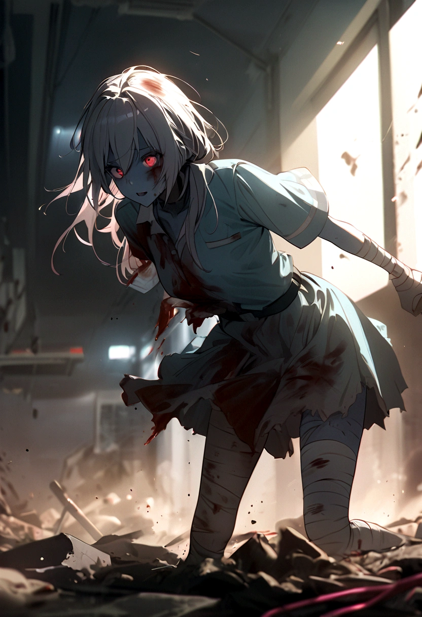 Hatsune Miku、Hatsune Miku、Blue skin and face、masterpiece, highest quality, highest detail, 1 girl, BREAK, horror, (Small injured girl, blood, bleeding, injury), Shining white hair, jewel-like red eyes, anime highlight eyes, scarred clothes, dirty clothes, bloodstained clothes, scarred skin, battle damage, bandaged arms, bandaged legs, (Yandere:1.2), BREAK, The background is a modern hospital, a collapsed hospital, BREAK, movie lighting, action movie poster, dynamic, beautiful girl action actor, motion blur, depth of field, 35mm, Sony FE, 1girl,