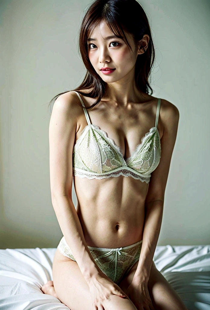 Top quality, one beautiful woman, wearing green lace lingerie, 35mm lens, f/1, cowboy shot, (white background: 1.3), flat chest, on bed