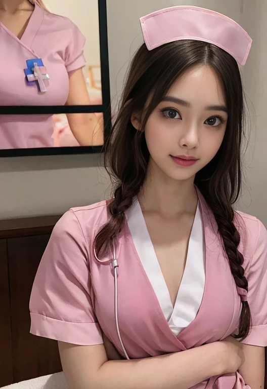 ​Masterpiece, Ultra-detailed, ultra high resolution, (Real and lifelike photos: 1.37), light color、Detailed panty pattern、focus、HD RAW color photography, extremely delicate and beautiful, Very details, 8k Wallpaper, amazing, (8k, original photography, top quality, ​Masterpiece: 1.2), details, Very detailsな目, Very detailsな肌, Very detailsな指, hVery details nose, Very detailsな口, perfect ???????,1 girl in, vague, vague background, Blurred foreground, blush, braid, huge tits, depth of field, Eyebrows visible through hair, hair between eyes,short hair,alone, huge 、nogizaka idol、korean idol、Posing a gravure idol、18 years old adult female、High,korean idol、nogizaka idol、Posing a gravure idol、(((pink nurse uniform:1.3)))、Black thigh high socks for emphasis、open cleavage,((Big breasts:1.4))、G cup slim figure、model figure、model standing、