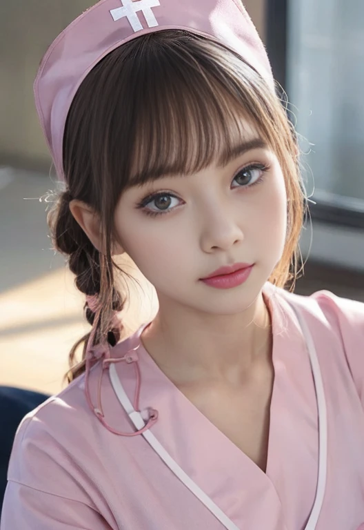 ​Masterpiece, Ultra-detailed, ultra high resolution, (Real and lifelike photos: 1.37), light color、Detailed panty pattern、focus、HD RAW color photography, extremely delicate and beautiful, Very details, 8k Wallpaper, amazing, (8k, original photography, top quality, ​Masterpiece: 1.2), details, Very detailsな目, Very detailsな肌, Very detailsな指, hVery details nose, Very detailsな口, perfect anatomy,1 girl in, vague, vague background, Blurred foreground, blush, braid, huge tits, depth of field, Eyebrows visible through hair, hair between eyes,short hair,alone, huge 、nogizaka idol、korean idol、Posing a gravure idol、18 years old adult female、High,korean idol、nogizaka idol、Posing a gravure idol、(((pink nurse uniform:1.3)))、Black thigh high socks for emphasis、open cleavage,((Big breasts:1.4))、G cup slim figure、model figure、model standing、