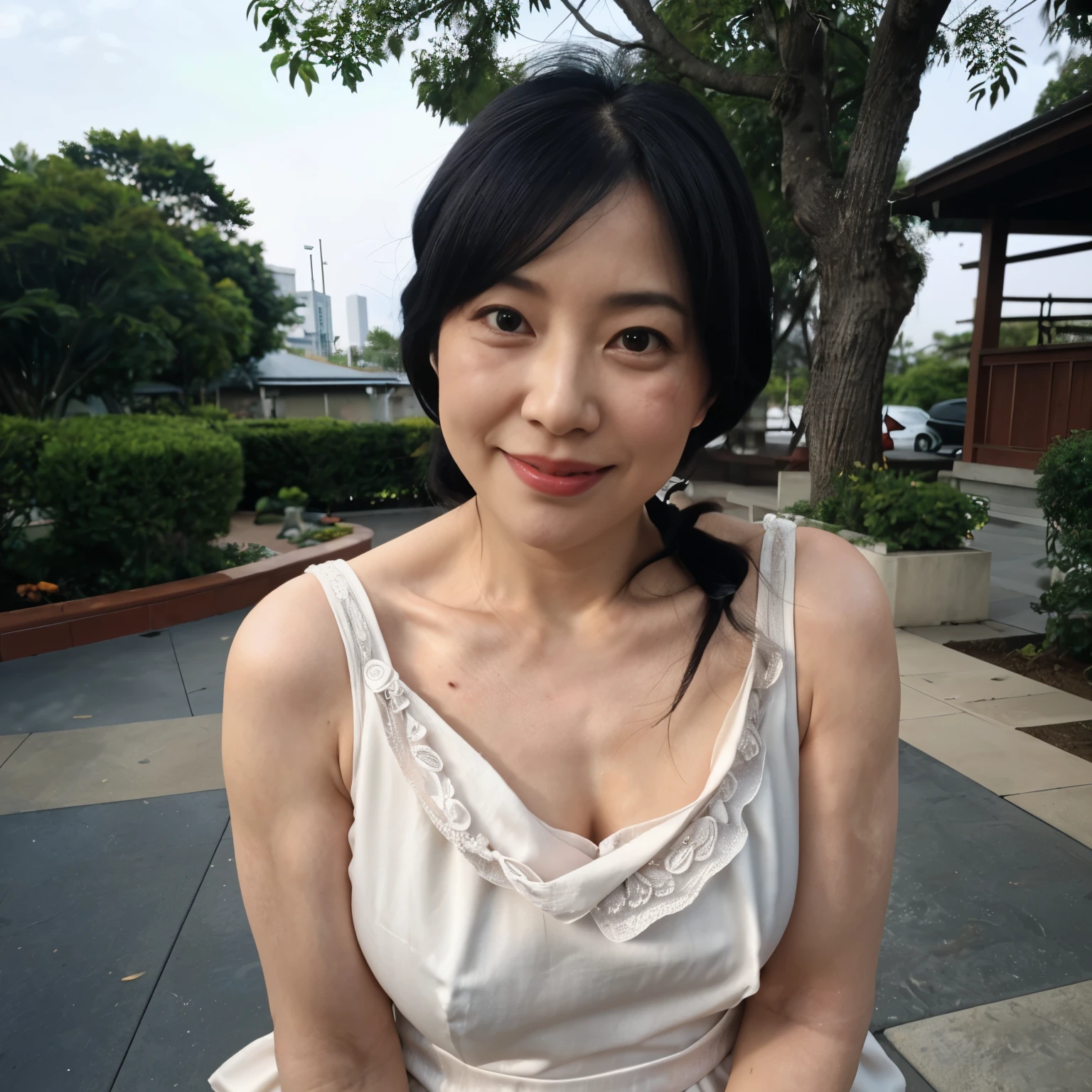 ((highest quality, 8K, Ultra high definition)), ((masterpiece: 1.3)), (Perfect appearance), (Photorealism: 1.6), Sunny outdoors, Original photo, Cinema Lighting, Poolside, (1人のJapanese Mature), (60 years old, Japanese Mature), (Look back here),((Realistic skin texture)), (Fine wrinkles all over the skin, Dull skin, Unmoisturized skin, Wrinkles around the eyes, double eyelid, Lower eyelid tear trough, Crying Mole, Dimples), Slightly parted lips, (Smiling: 1.2), (Short bangs), (Long hair with curled ends: 1.2), (Hair tied back: 1.2), (backless dress), (Plain draped dress), (loose-fitting top dress), (Halter neck), (A long dress with a tight bottom), Pale pink dress, ((Turn around by turning only the upper body)), (Small breasts: 1.2), (Nipples are visible from the side), (Close-up of upper body: 1.4),