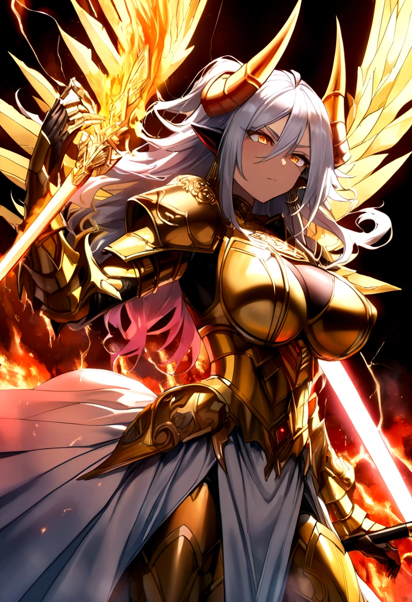 ((Lightning Power)), ((Electricity)), ((Fire Background)), ((android 21 Evil)), (((white Coat))), (((Darkness power))), (((Busty))), (((((Big breast:1,3)))), luxury bustier corset, ((silver hair)), (((Very slim waist))), propotional body, ((Gorgeous)), ((gold wings)), masterpiece, hyperdetail, ambient effect, digital effect, (((FIRE SWORD)), (((Lightning Sword))), (((Fire Gold Armor))), ((Lightning Gold Wings)), ((Fire Demon Horns))