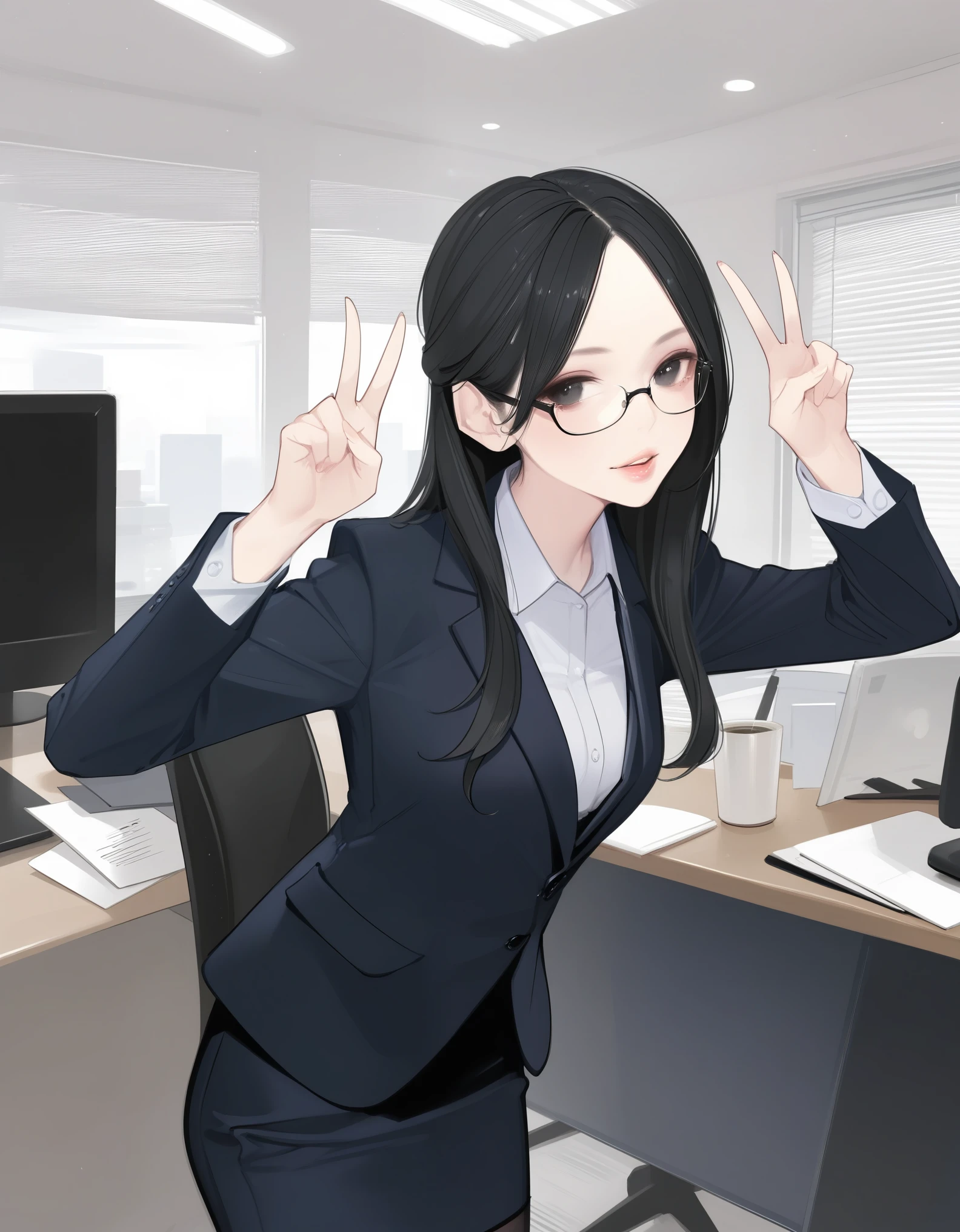 score_9,score_8_up,score_7_up,score_6_up,score_5_up, ,, hd5,ama_mitsuki,1girl,office lady, double v, long hair,black hair,black eyes,glasses,skinny