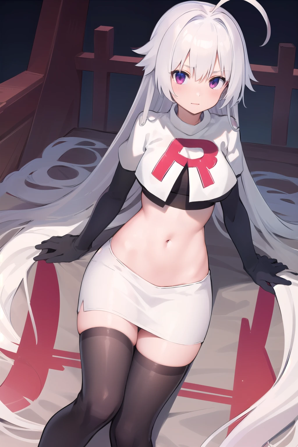 masterpiece, best quality, 1 girl  white hair, ahoge, team rocket,team rocket uniform,white skirt,red letter R,crop top,black thigh-highs,black elbow gloves