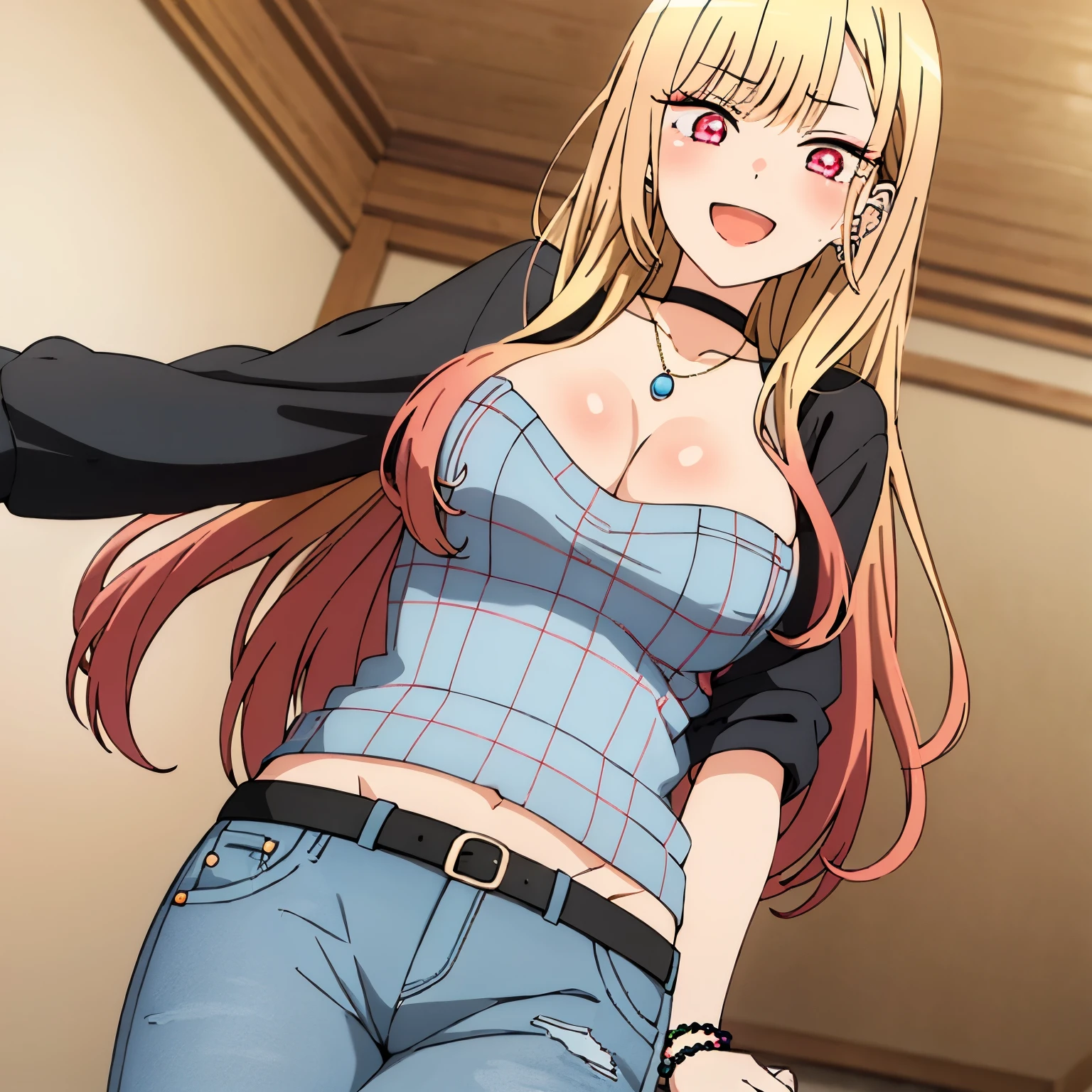 1girl, alone,Marin Kitagawa (extremely detailed CG unity 4k wallpaper),(masterpiece),(best quality),(ultra-detailed),(best illustration),(best shadow),(absurdres),(detailed background), Marin Kitagawa, 1girl, kitagawa marin, jewelry, breasts, blonde hair, solo, cleavage, ring, pants, piercing, long hair, bracelet, choker, jeans, fake nails, pink nails, shirt, earrings, v, denim, red eyes, looking at viewer, black shirt, ear piercing, open mouth, belt, smile, leaning forward, multicolored hair, nail polish, bead bracelet, beads, bangs, black choker, blush,big breasts, medium waist, wide hips, medium thighs, perfect hands, perfect anatomy