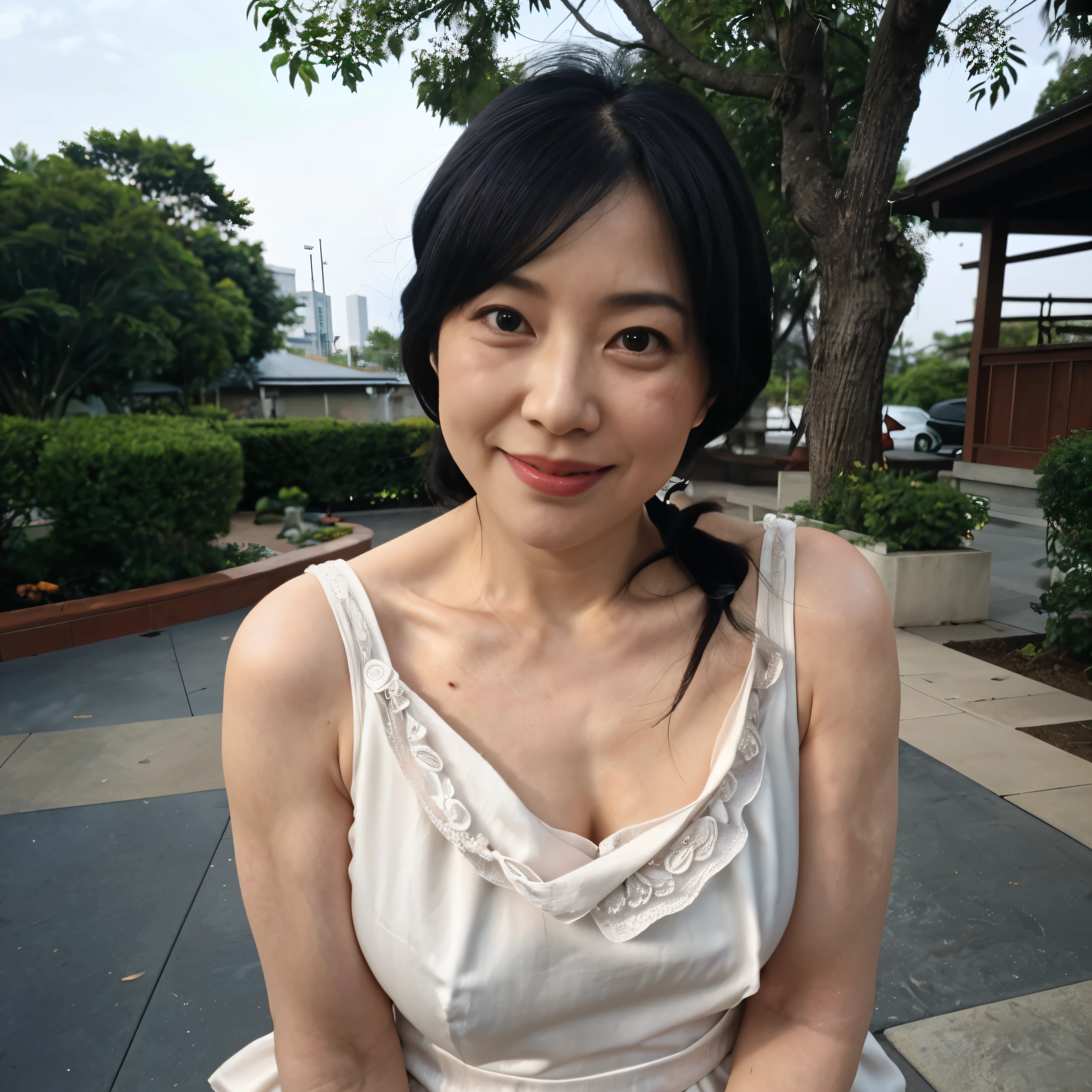 ((highest quality, 8K, Ultra high definition)), ((masterpiece: 1.3)), (Perfect appearance), (Photorealism: 1.6), Sunny outdoors, Original photo, Cinema Lighting, Poolside, (1人のJapanese Mature), (60 years old, Japanese Mature), (Look back here),((Realistic skin texture)), (Fine wrinkles all over the skin, Dull skin, Unmoisturized skin, Wrinkles around the eyes, double eyelid, Lower eyelid tear trough, Crying Mole, Dimples), Slightly parted lips, (Smiling: 1.2), (Short bangs), (Long hair with curled ends: 1.2), (Hair tied back: 1.2), (backless dress), (Plain draped dress), (loose-fitting top dress), (Halter neck), (A long dress with a tight bottom), Pale pink dress, ((Turn around by turning only the upper body)), (Small breasts: 1.2), (Nipples are visible from the side), (Close-up of upper body: 1.4),