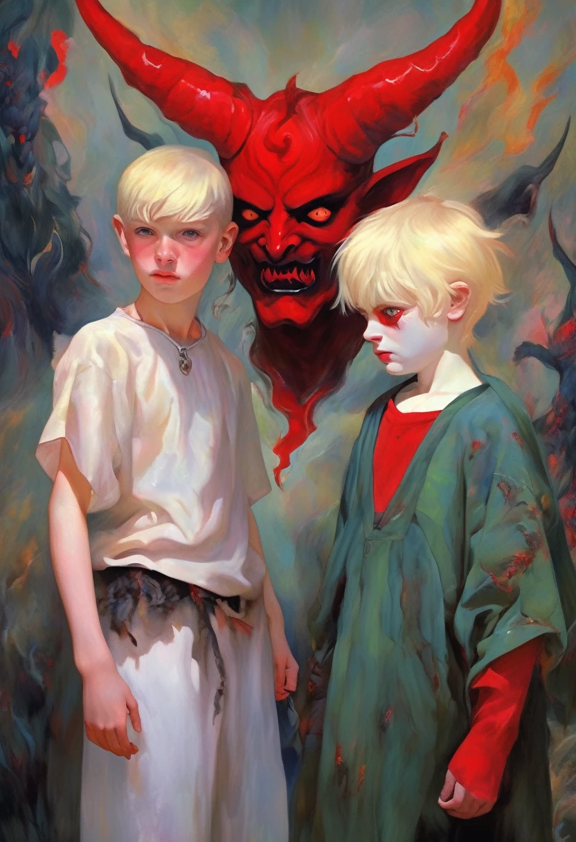 (Full body characters) An oil painting of a normal young blond human boy. There is another boy with demon features, white hair, glowing red eyes and horns. Contrast between the boy innocent and pure expression and the demon appearance. (The human boy is normal and the other is a demon) The human boy shows a melancolic expression, and the little demon seems to be caring towards the boy.