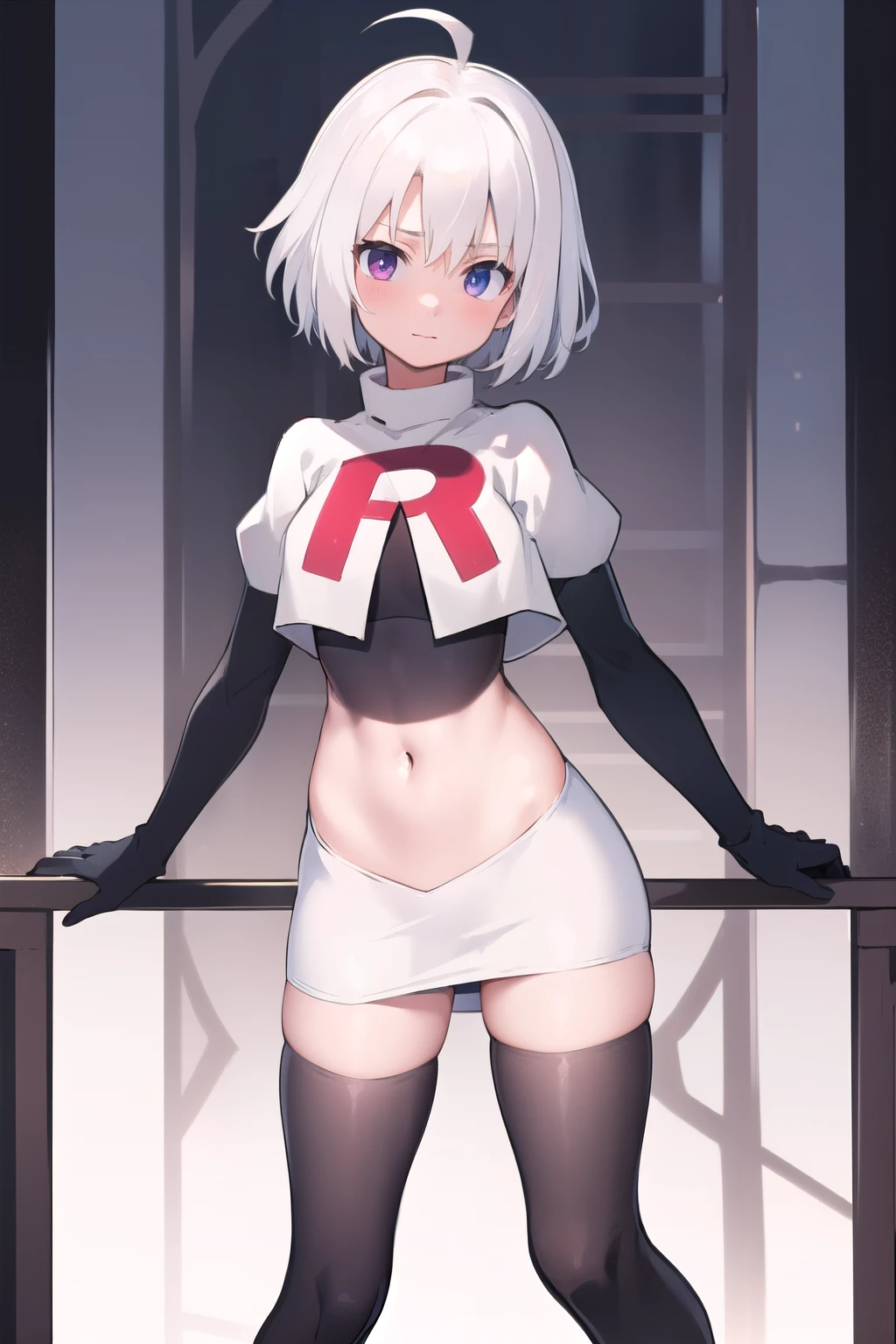 masterpiece, best quality, 1 girl  white hair, ahoge, team rocket,team rocket uniform,white skirt,red letter R,crop top,black thigh-highs,black elbow gloves