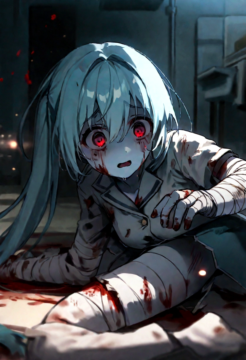 Hatsune Miku、Hatsune Miku、Blue skin and face、masterpiece, highest quality, highest detail, 1 girl, BREAK, horror, (Small injured girl, blood, bleeding, injury), Shining white hair, jewel-like red eyes, anime highlight eyes, scarred clothes, dirty clothes, bloodstained clothes, scarred skin, battle damage, bandaged arms, bandaged legs, (Yandere:1.2), BREAK, The background is a modern hospital, a collapsed hospital, BREAK, movie lighting, action movie poster, dynamic, beautiful girl action actor, motion blur, depth of field, 35mm, Sony FE, 1girl,